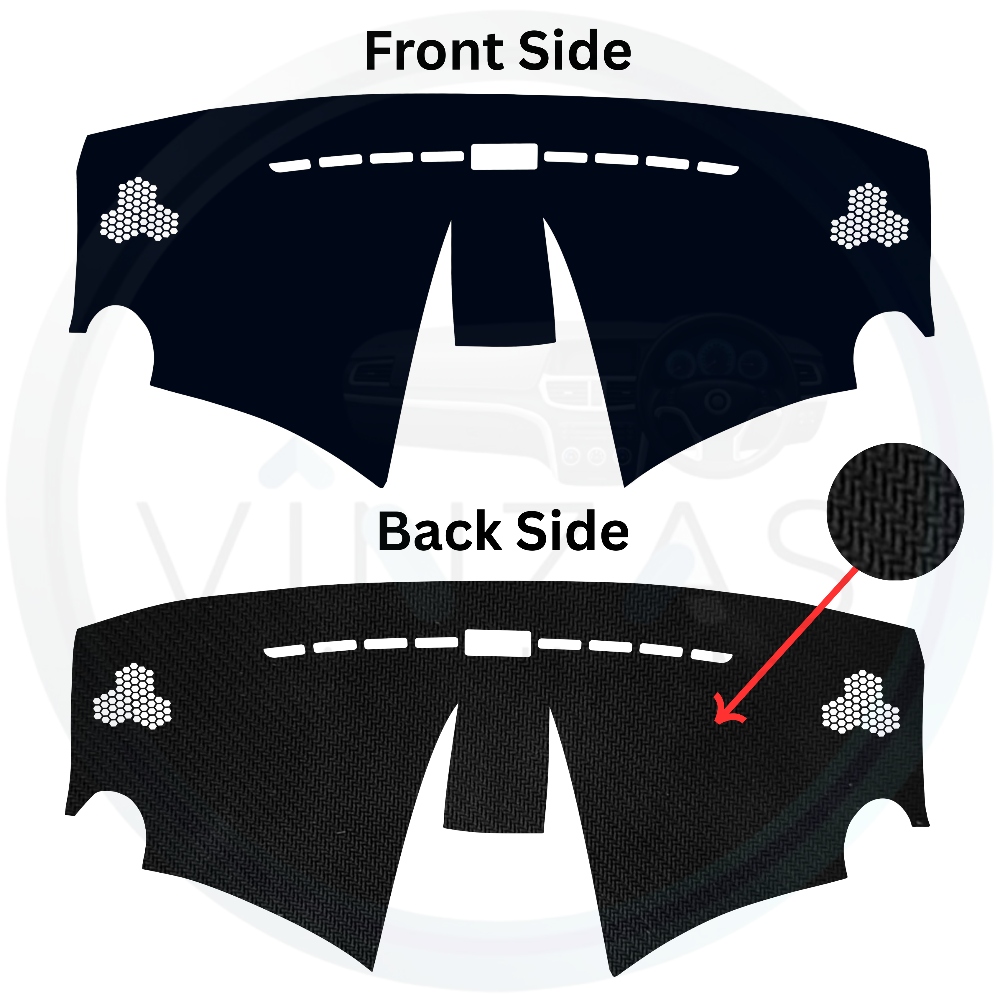 Car dashboard cover with front and back side views on a white background