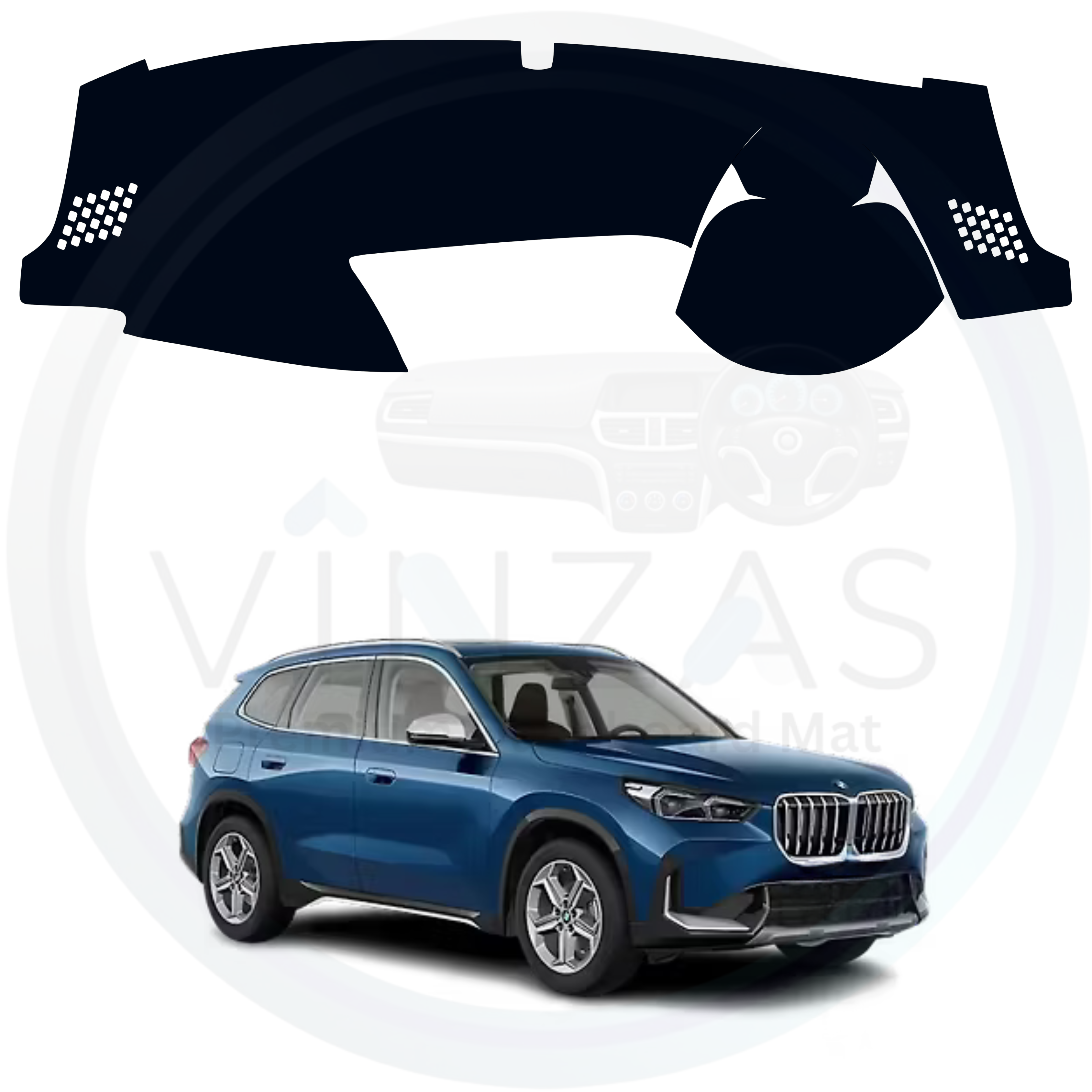 Car dashboard cover with a blue car in the background