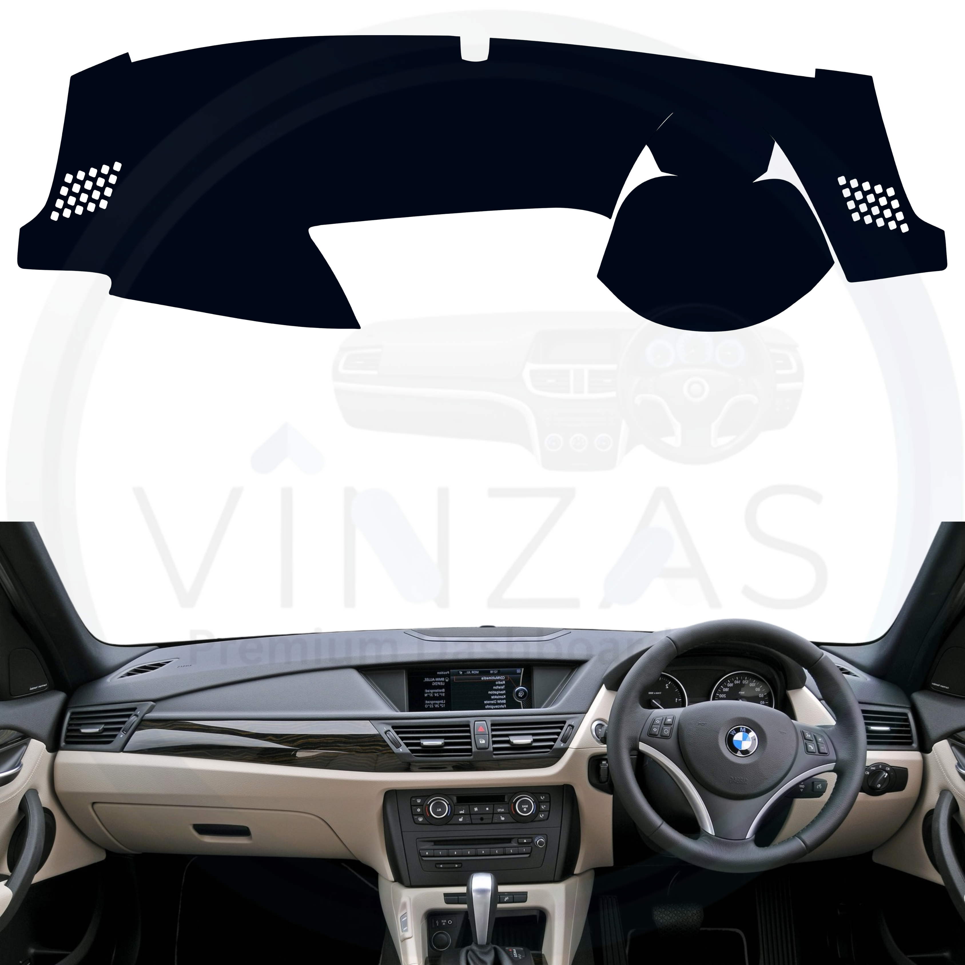 Car dashboard with a black sunshade on a white background