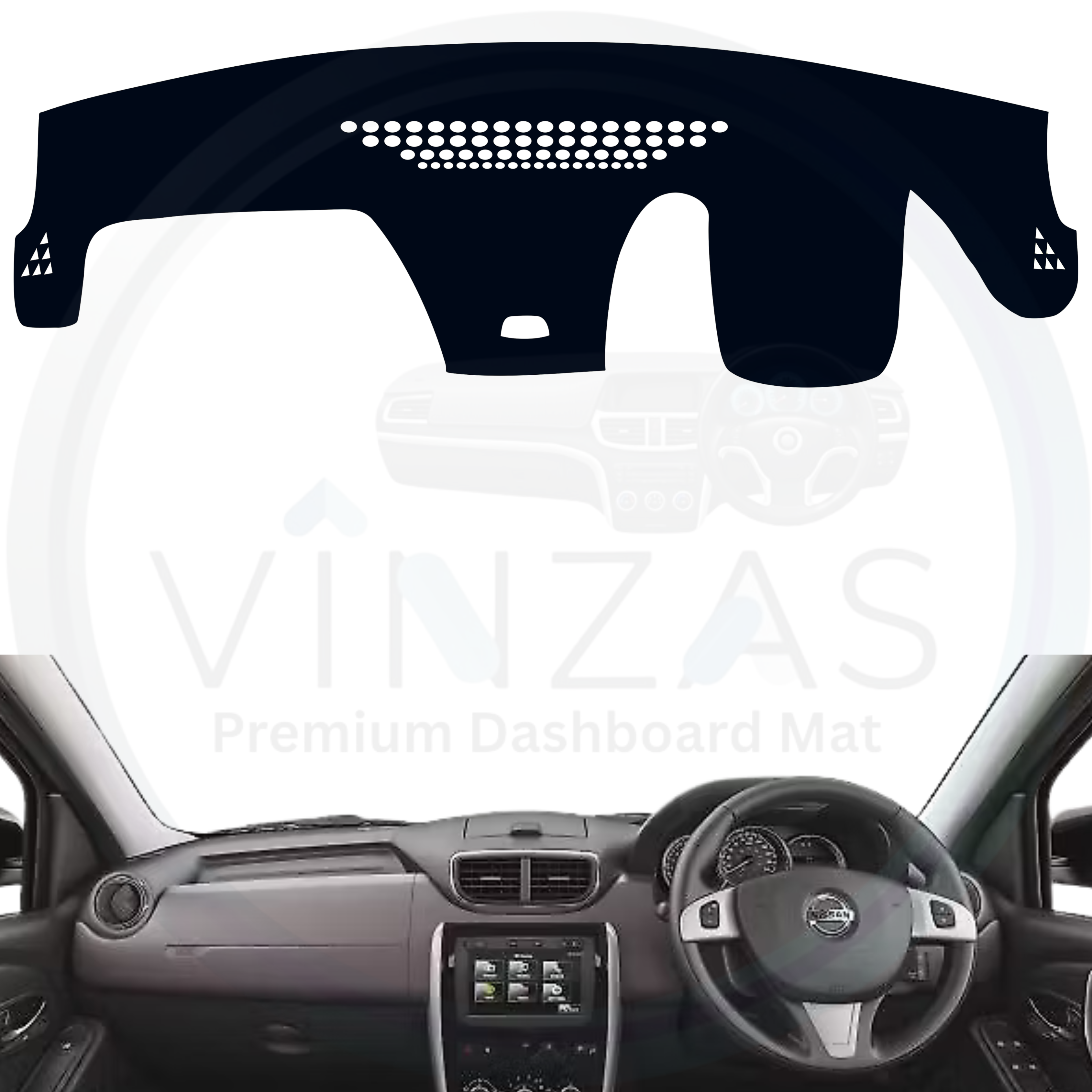 Car dashboard with a black mat and 'VINZAS' branding