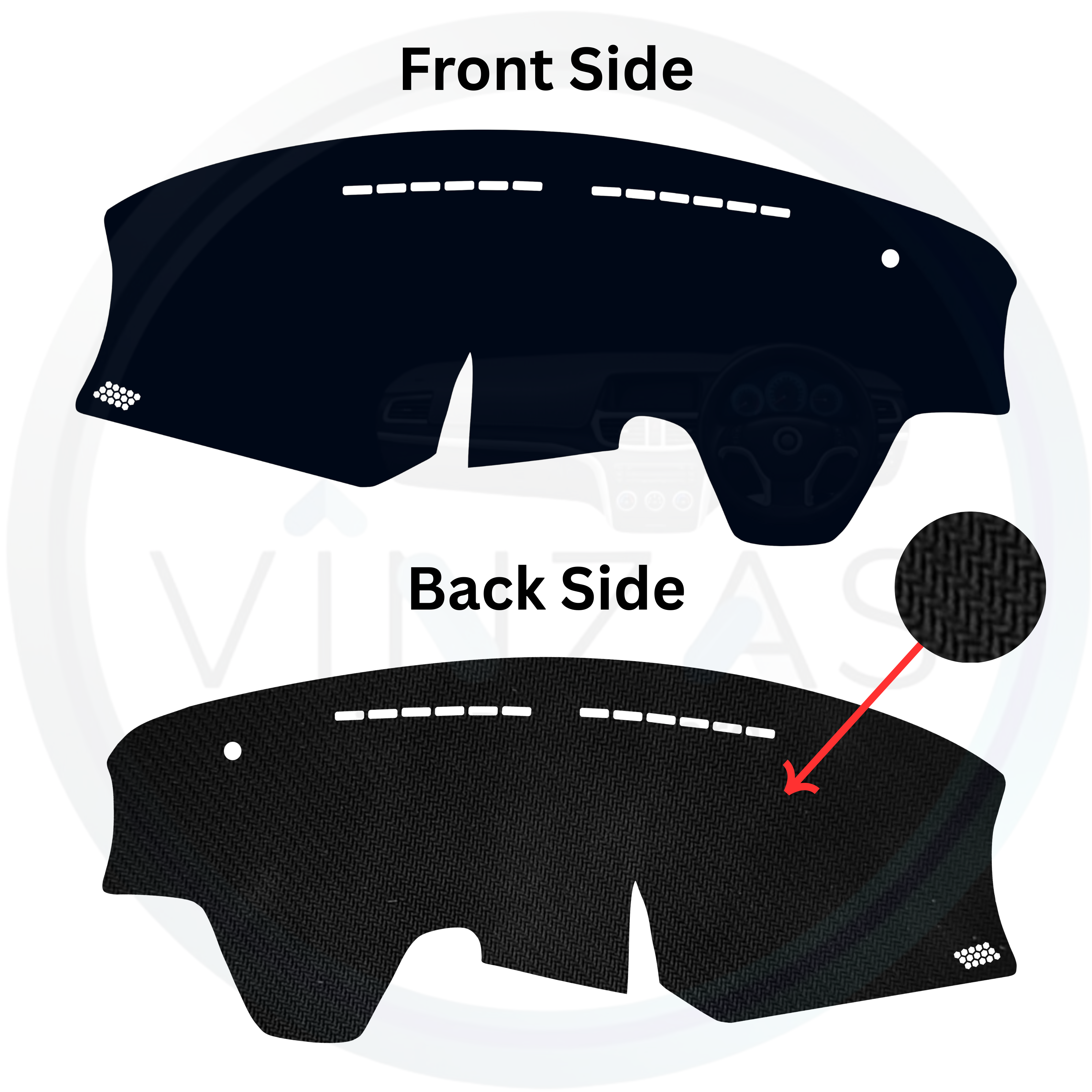 Car dashboard cover with front and back side views on a white background