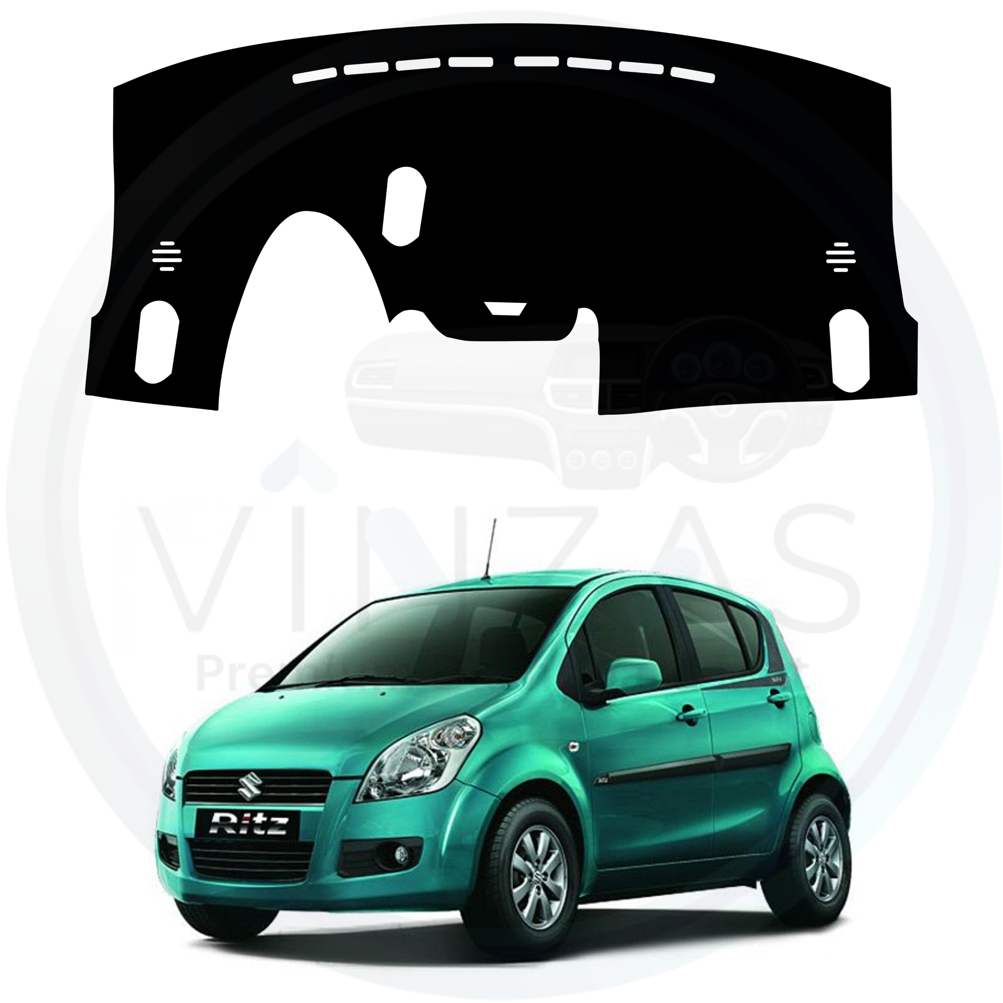 Car dashboard cover with a teal car in the background