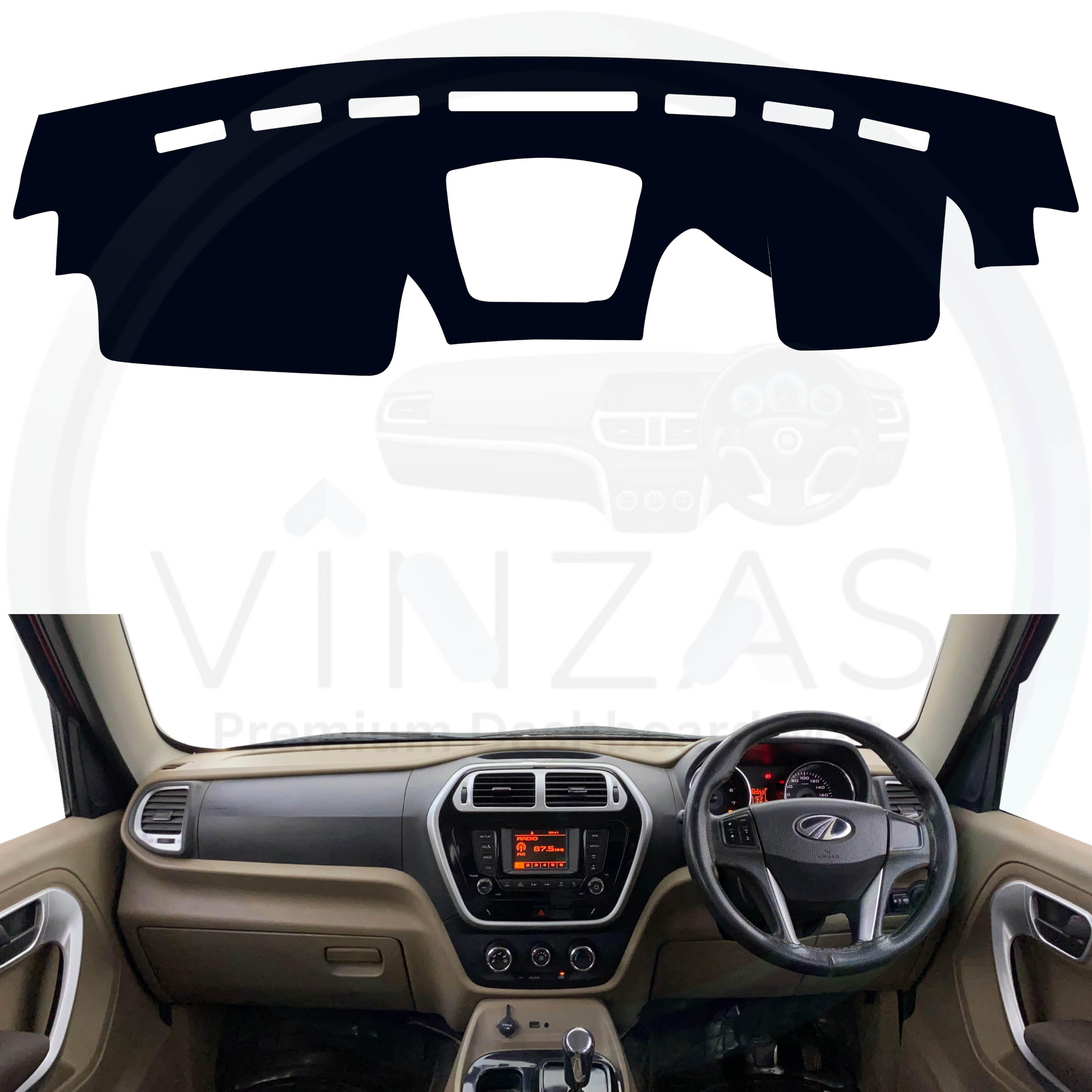 Car dashboard with a black dashboard cover on a white background
