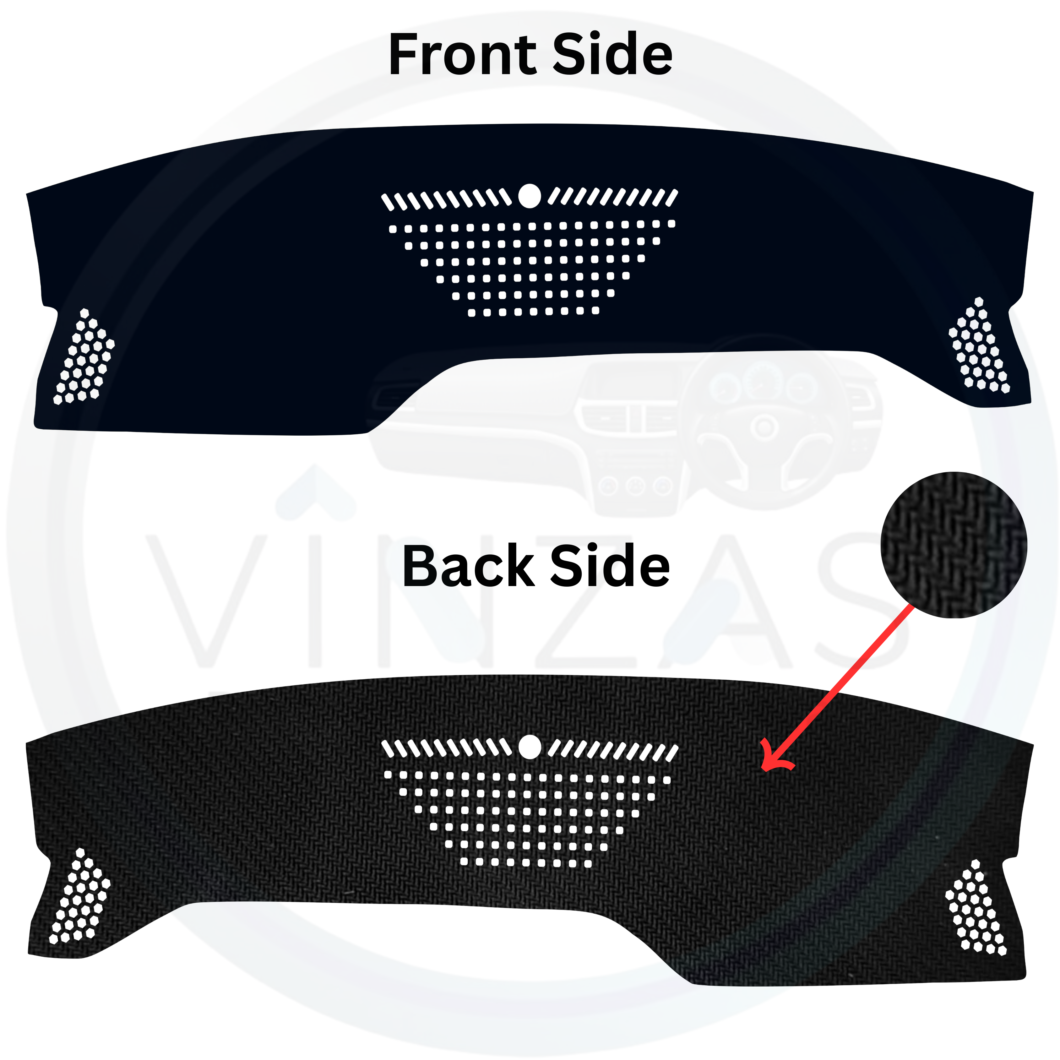 Car dashboard cover with front and back side views on a white background