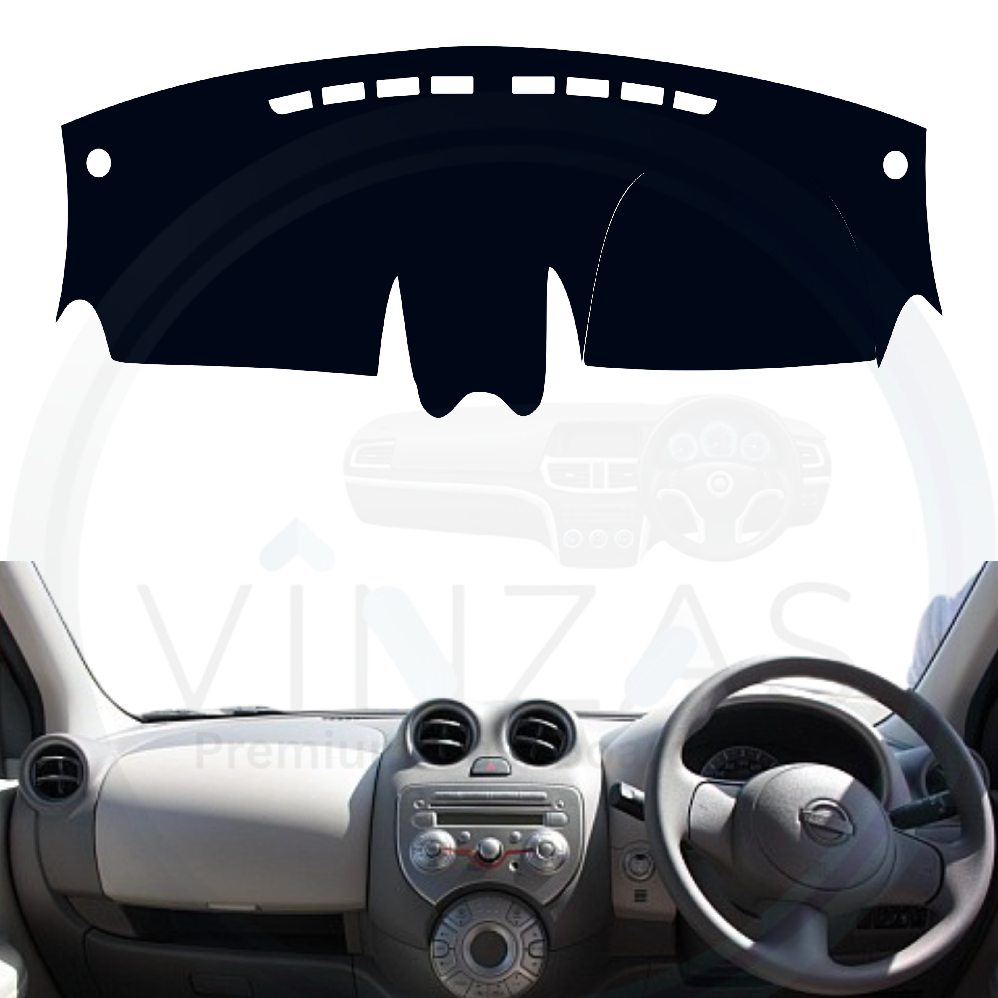 Car dashboard with a black dashboard cover on a white background