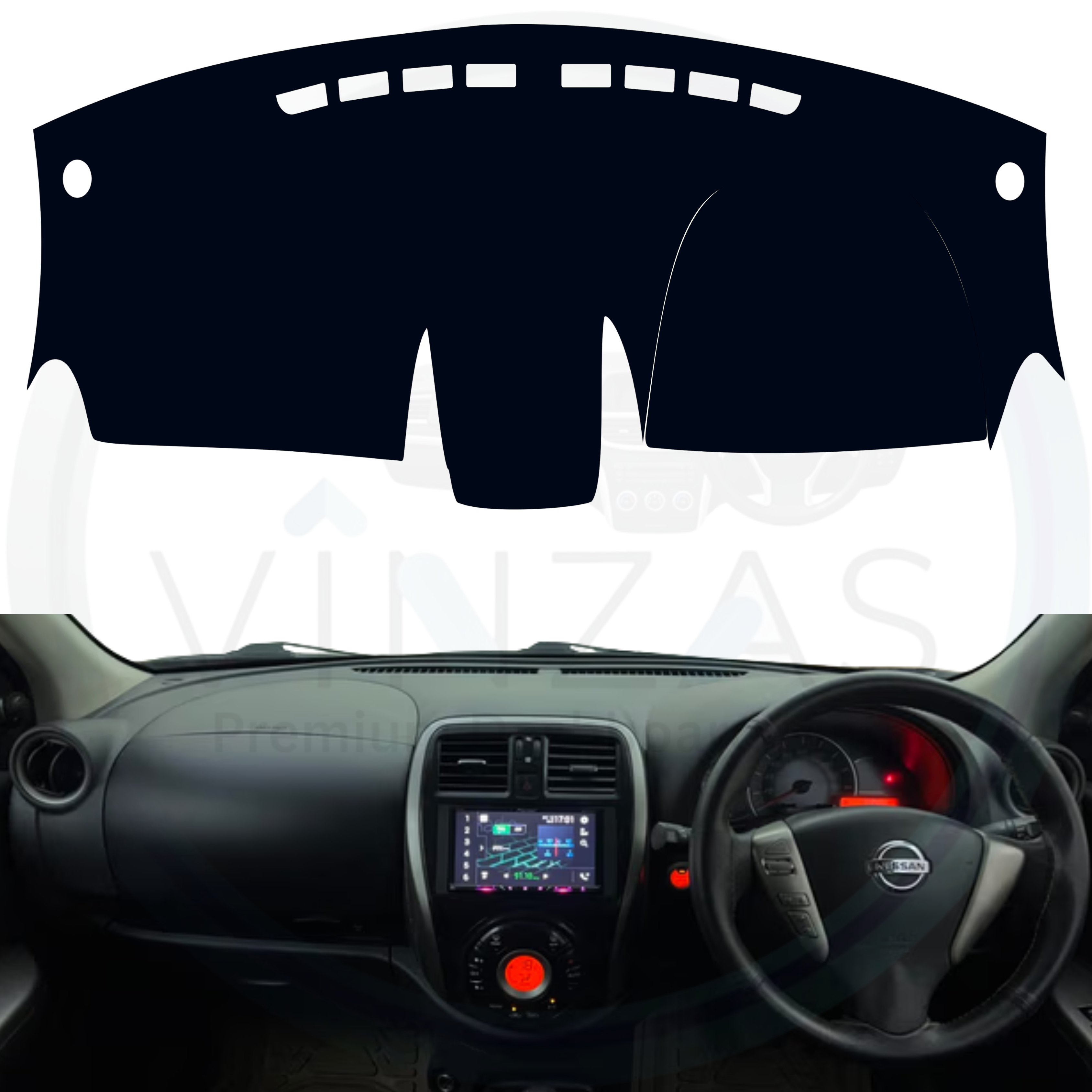 Car dashboard cover over a car's interior with visible branding.