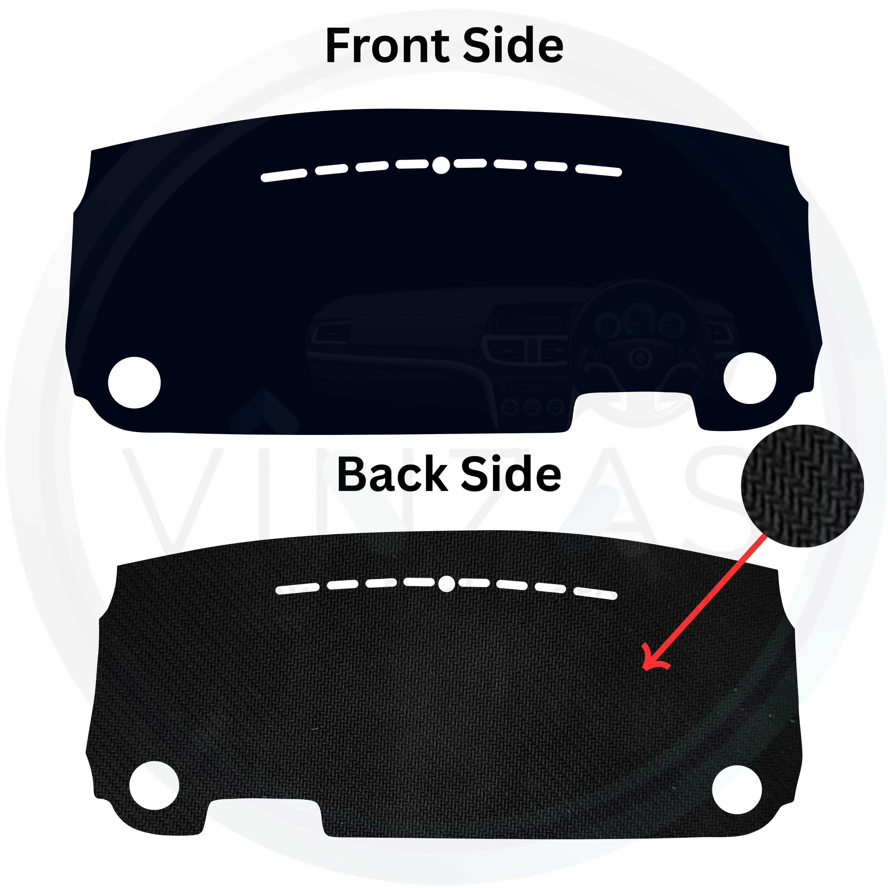 Car dashboard cover with front and back side views on a white background