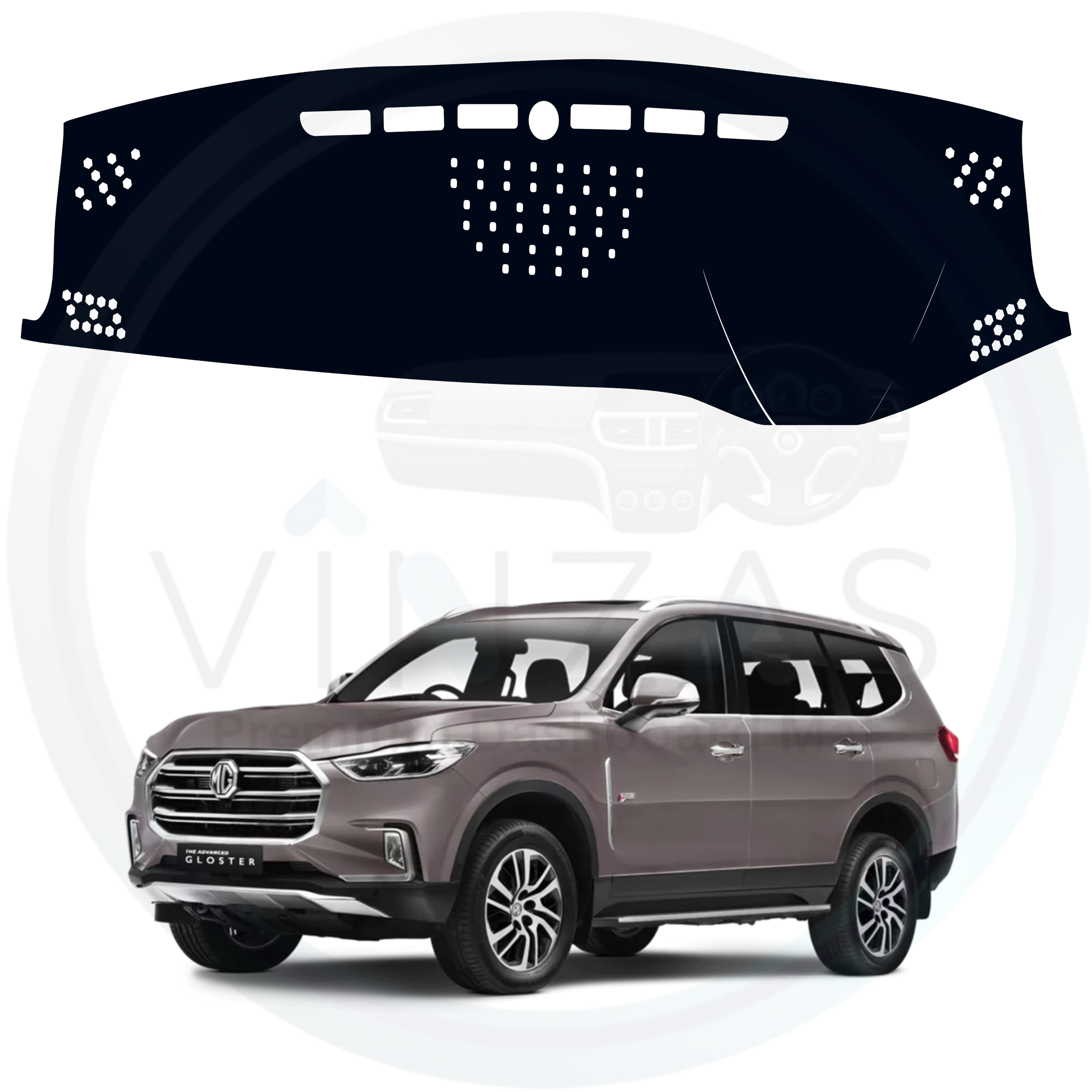 Car dashboard cover with a car in the background