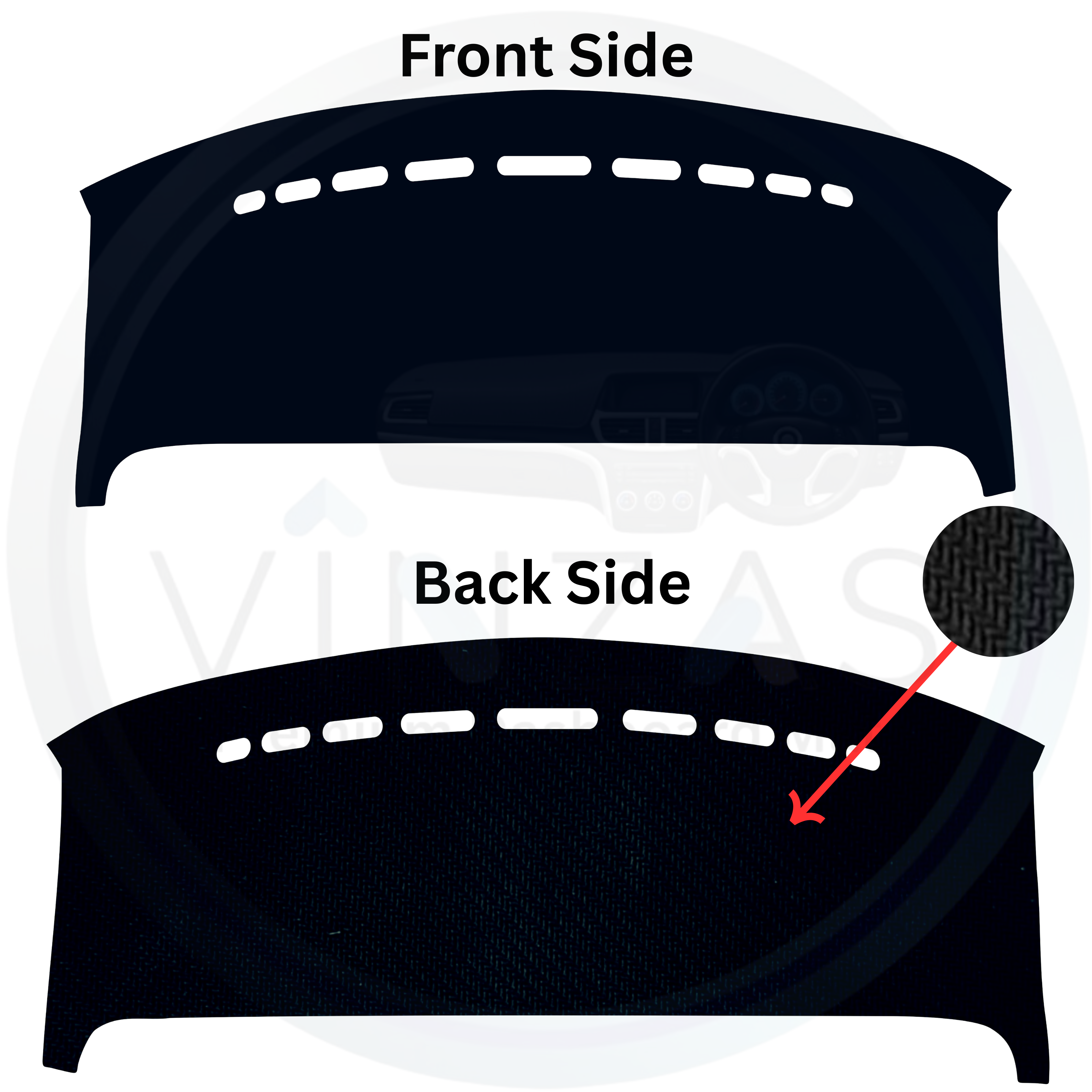 Car dashboard cover with front and back side views on a white background