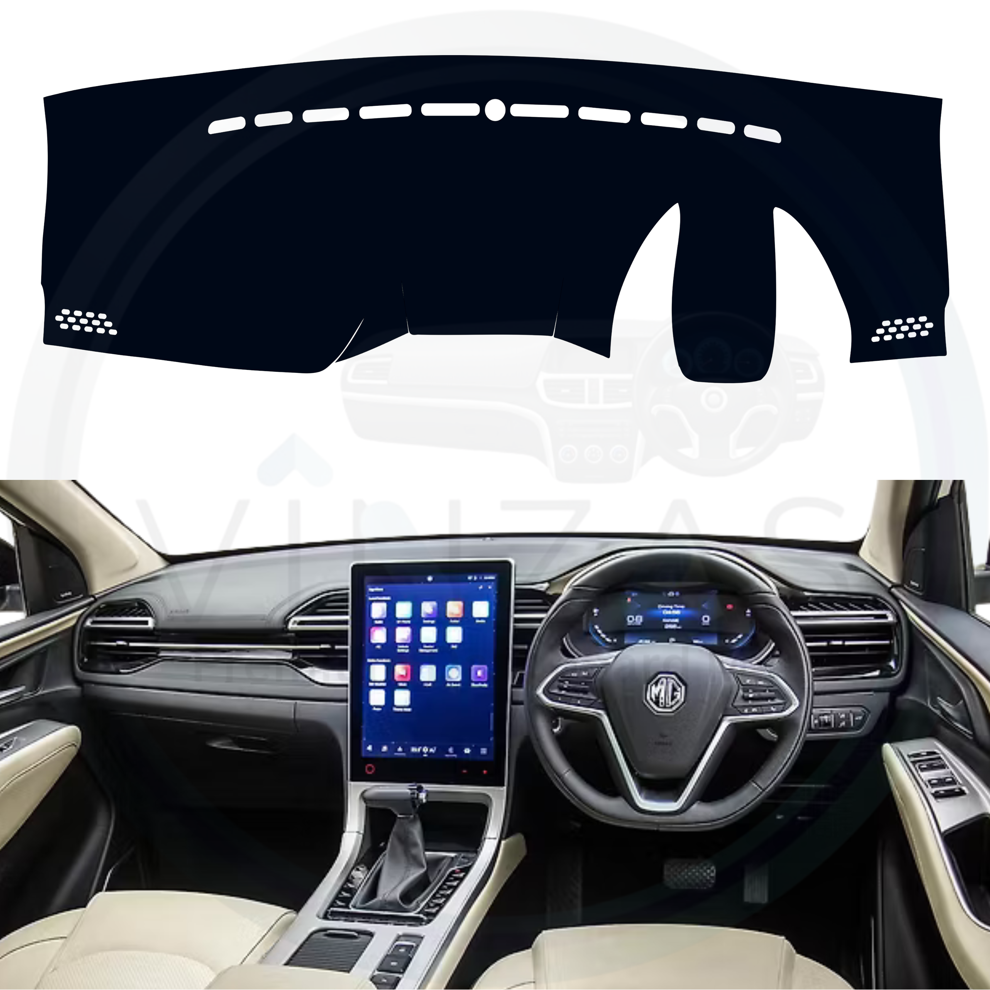 Car dashboard with a black mat covering it, placed on a car interior background.