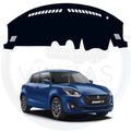 Blue Suzuki Swift car with a black dashboard cover on a white background