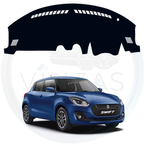 Blue Suzuki Swift car with a black dashboard cover on a white background
