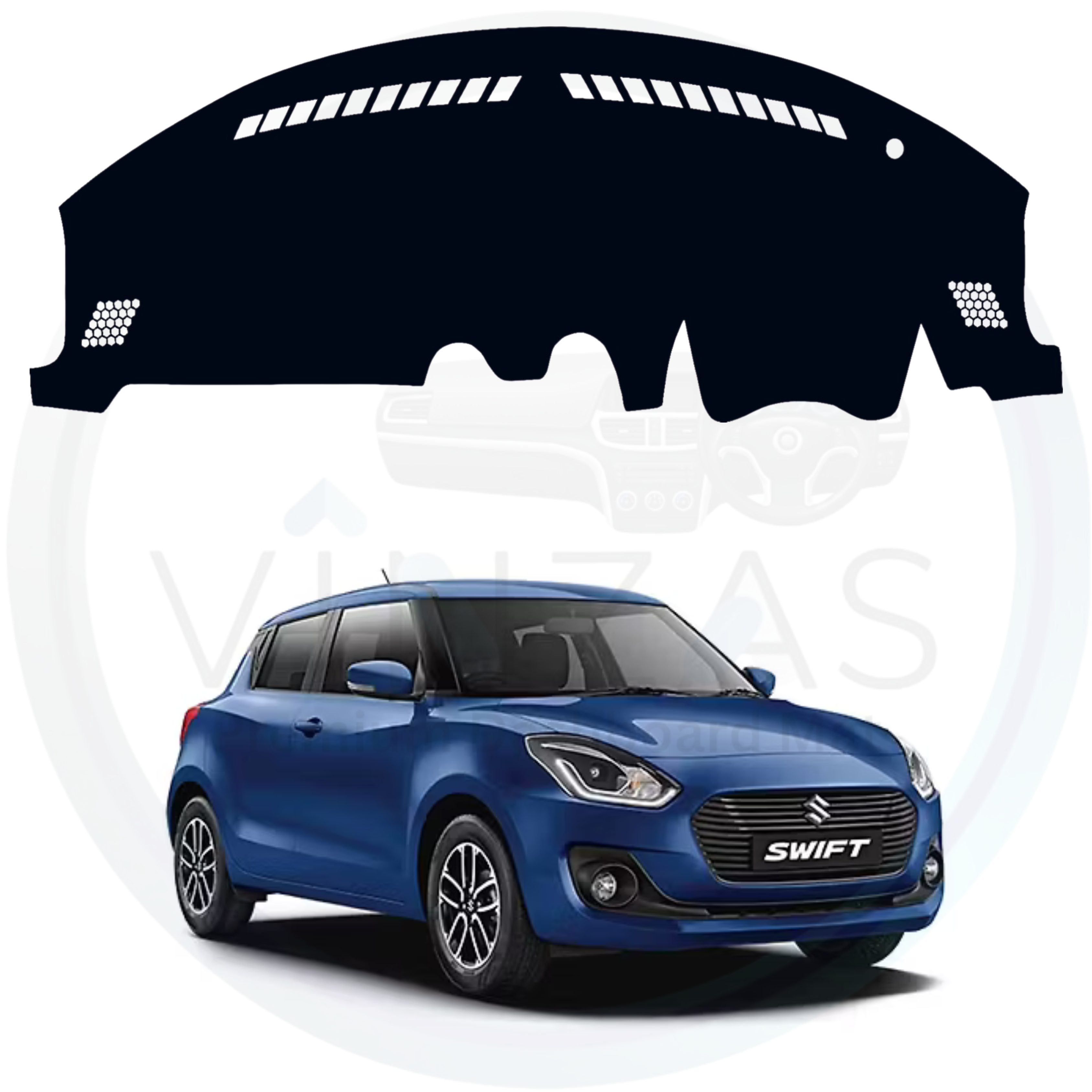 Blue Suzuki Swift car with a black dashboard cover on a white background