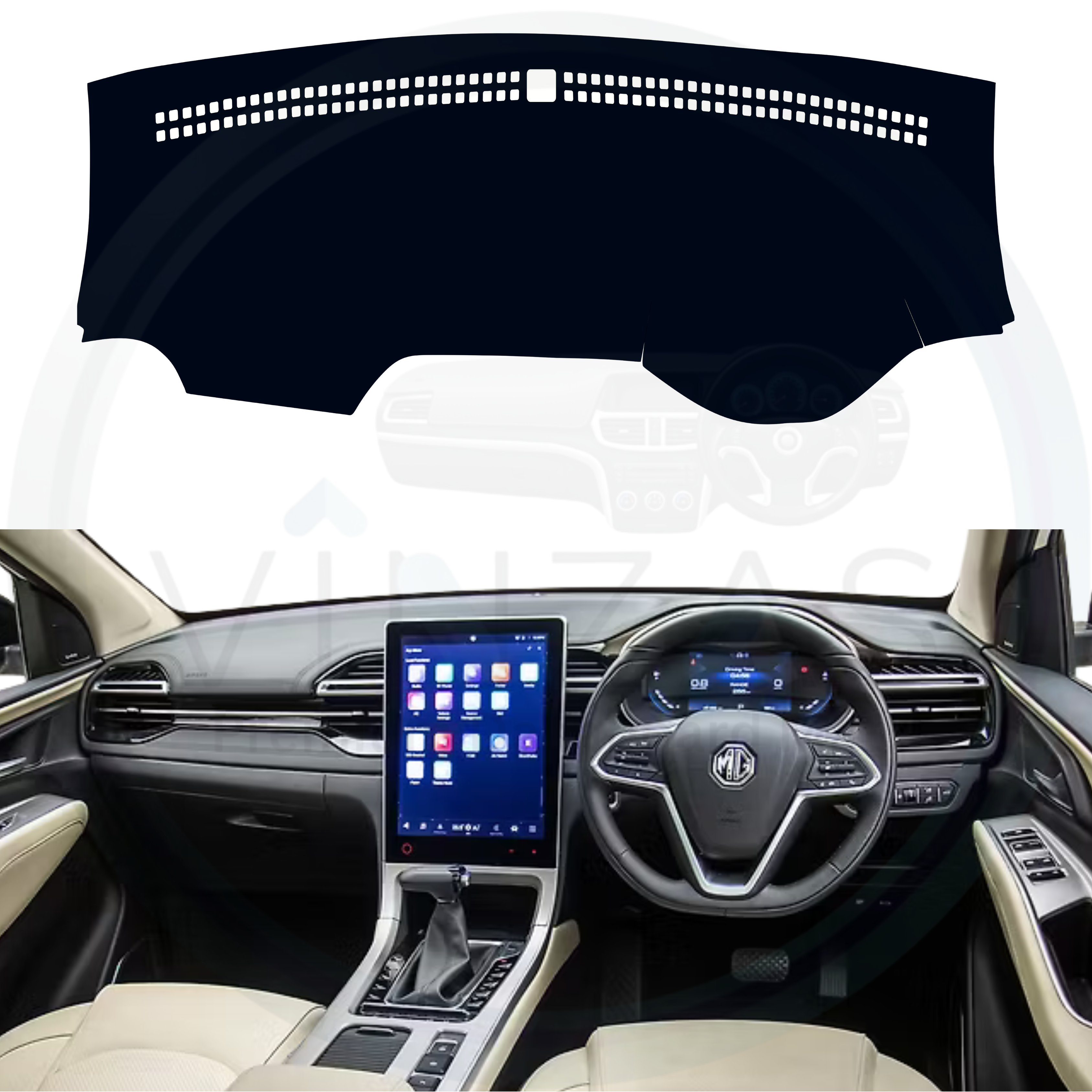 Car interior with a dashboard cover and MG logo