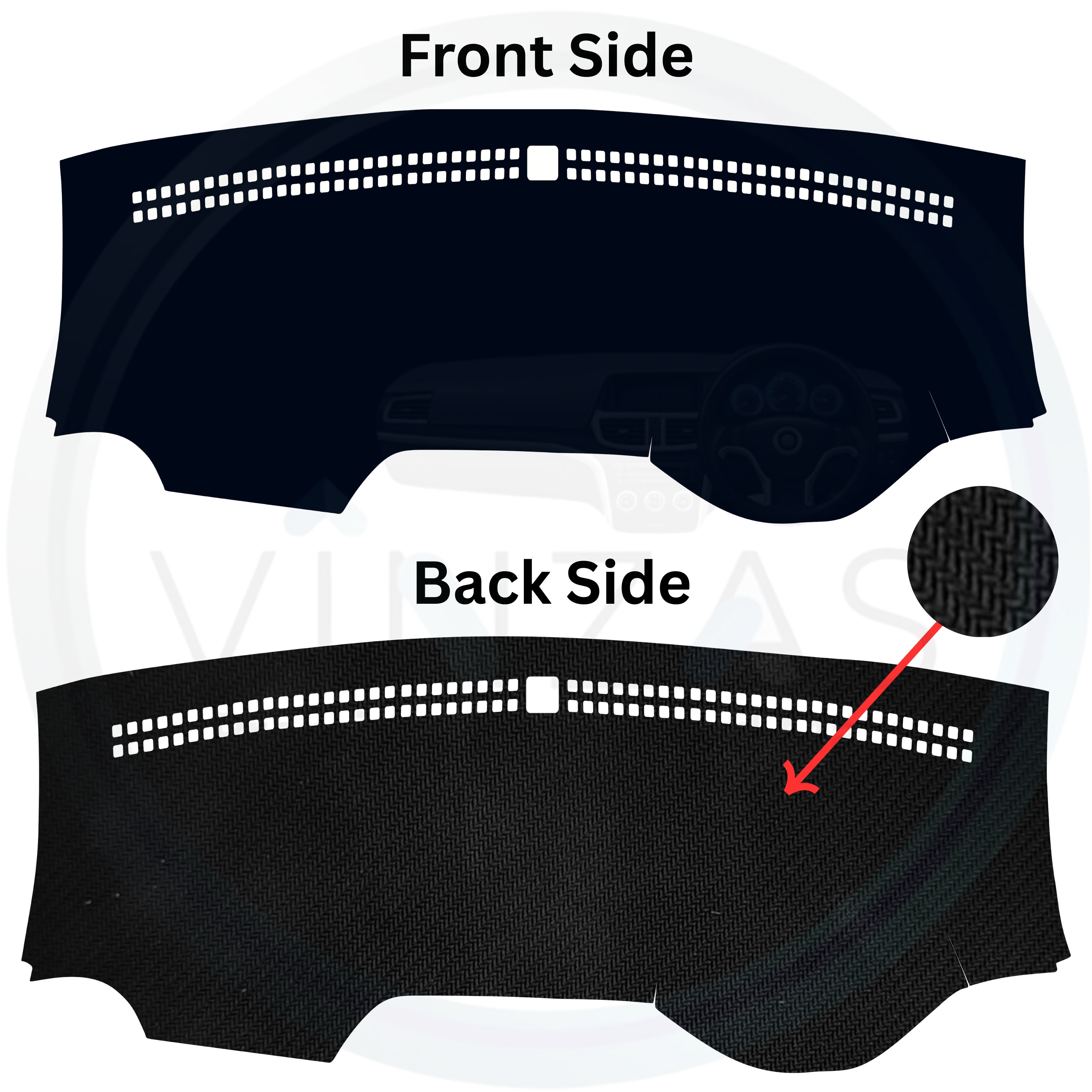 Illustration of a car dashboard cover with front and back side views showing a zipper.