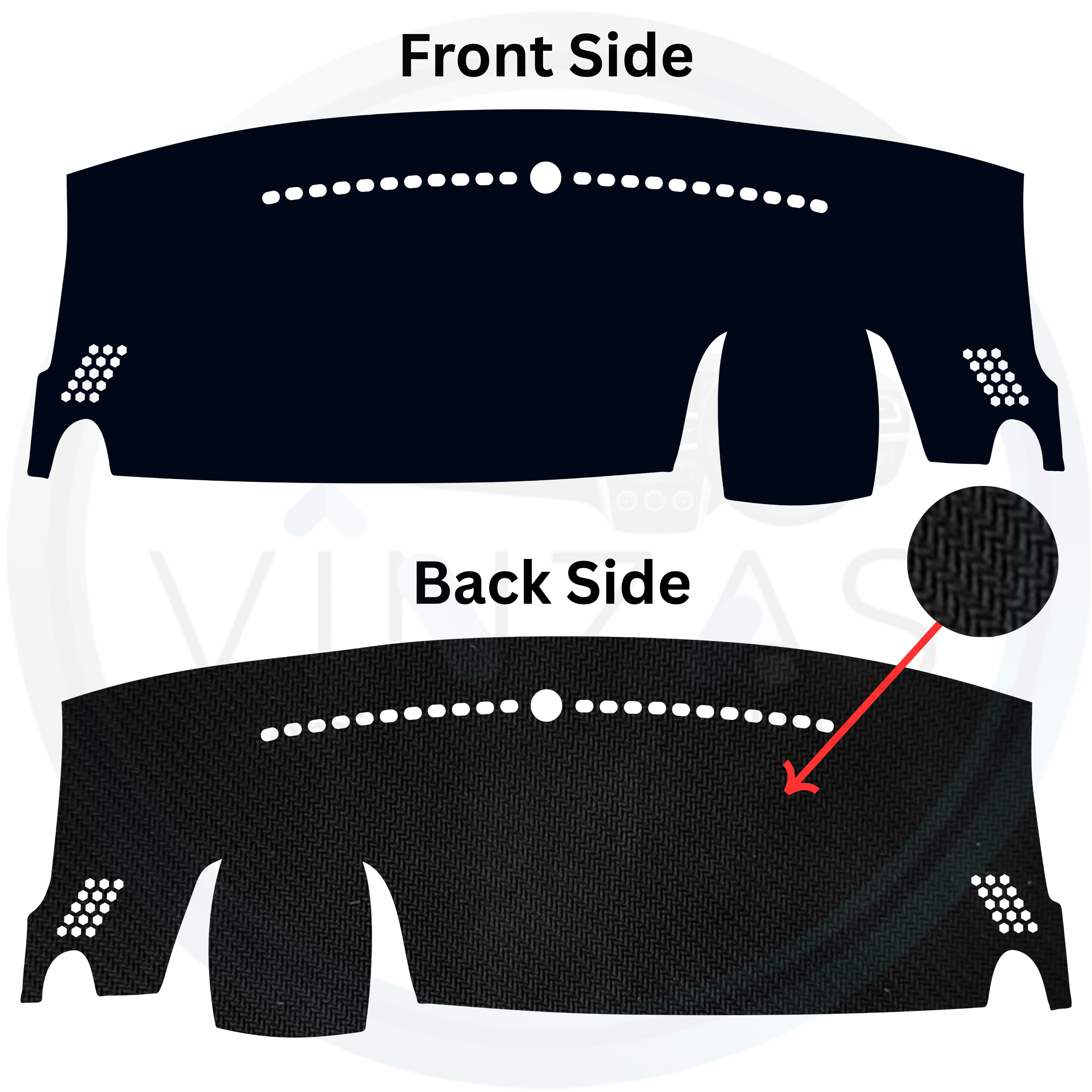 Car dashboard cover with front and back side views on a white background