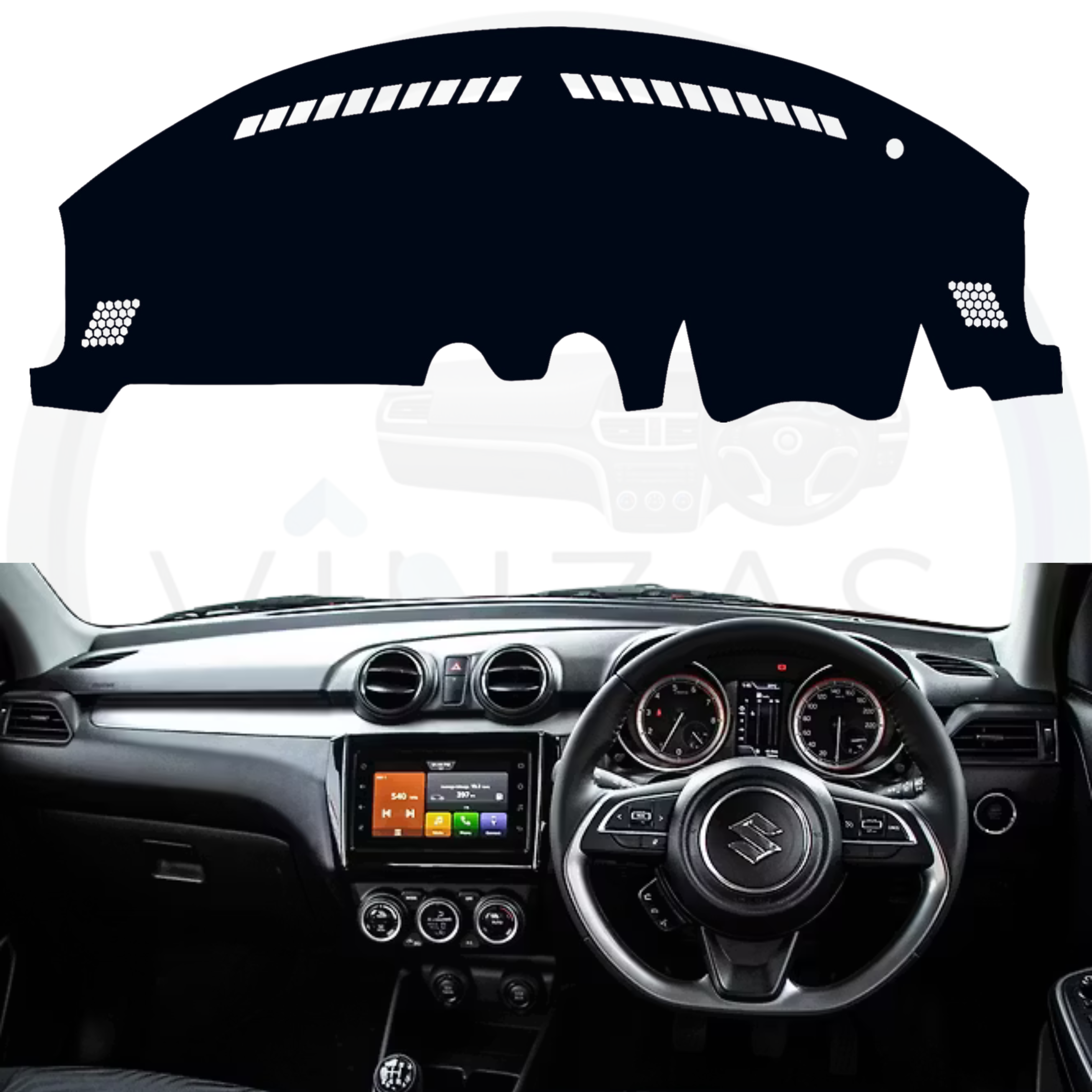 Car dashboard with a black protective cover on a white background