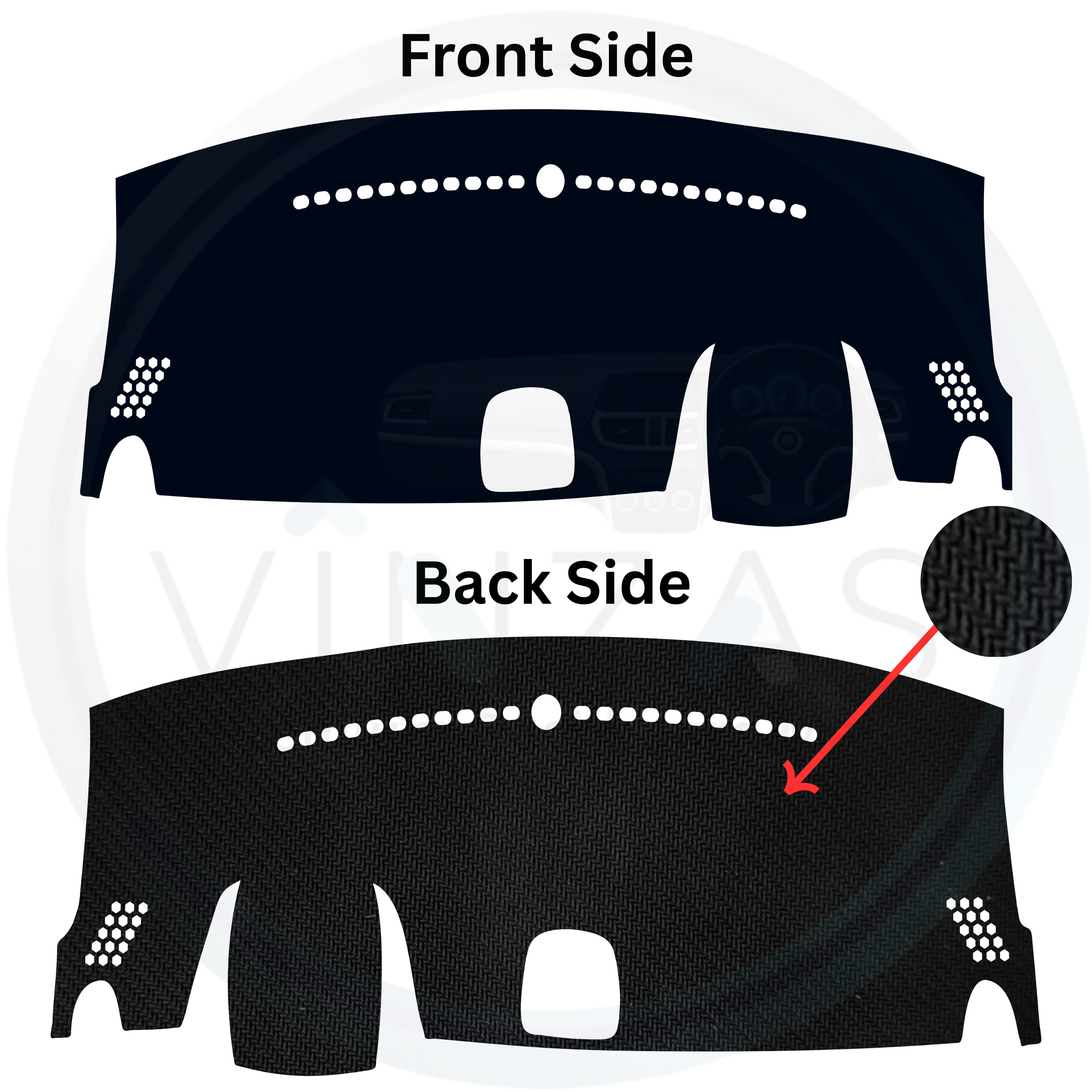 Car dashboard cover with front and back side views on a white background