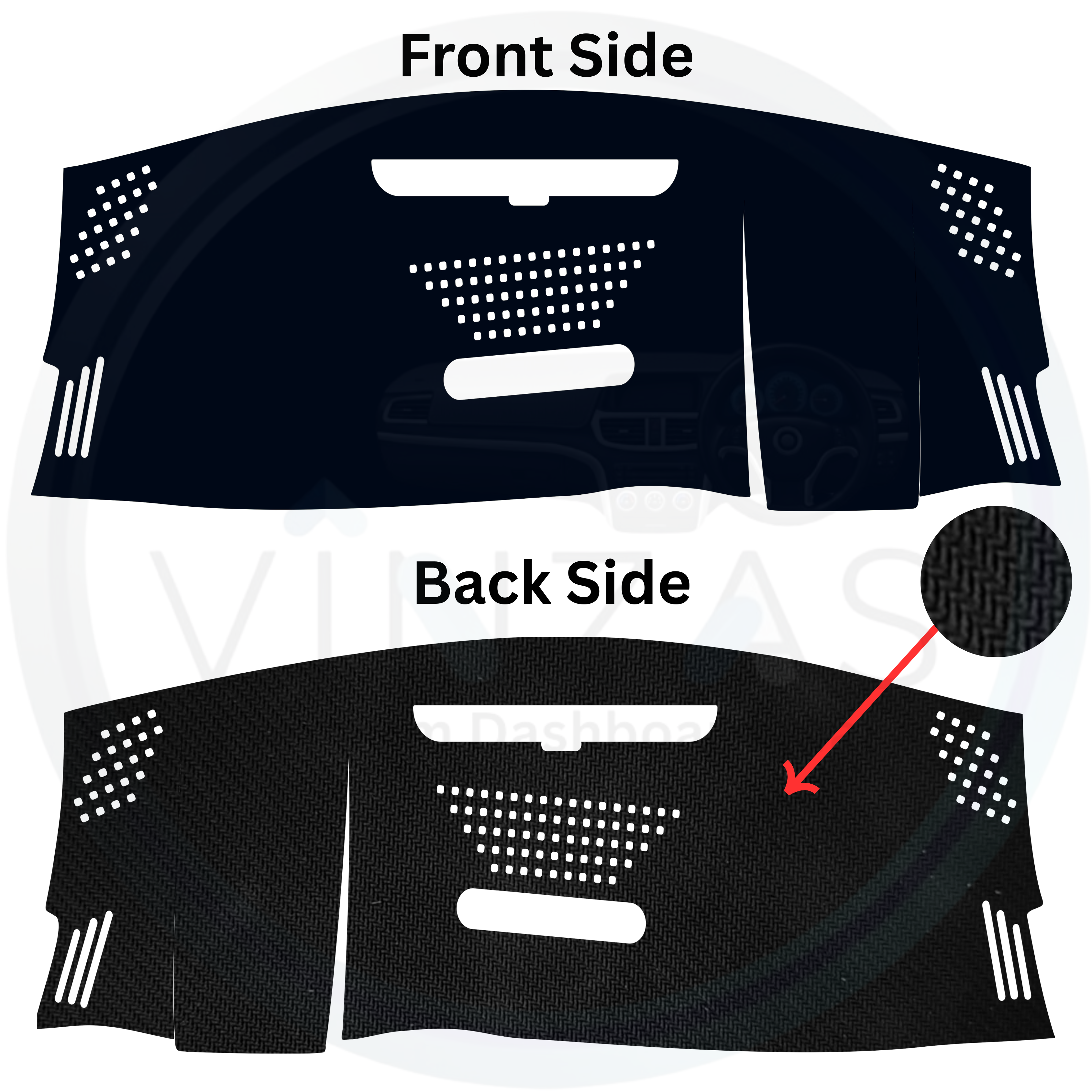 Car dashboard cover with front and back side views on a white background