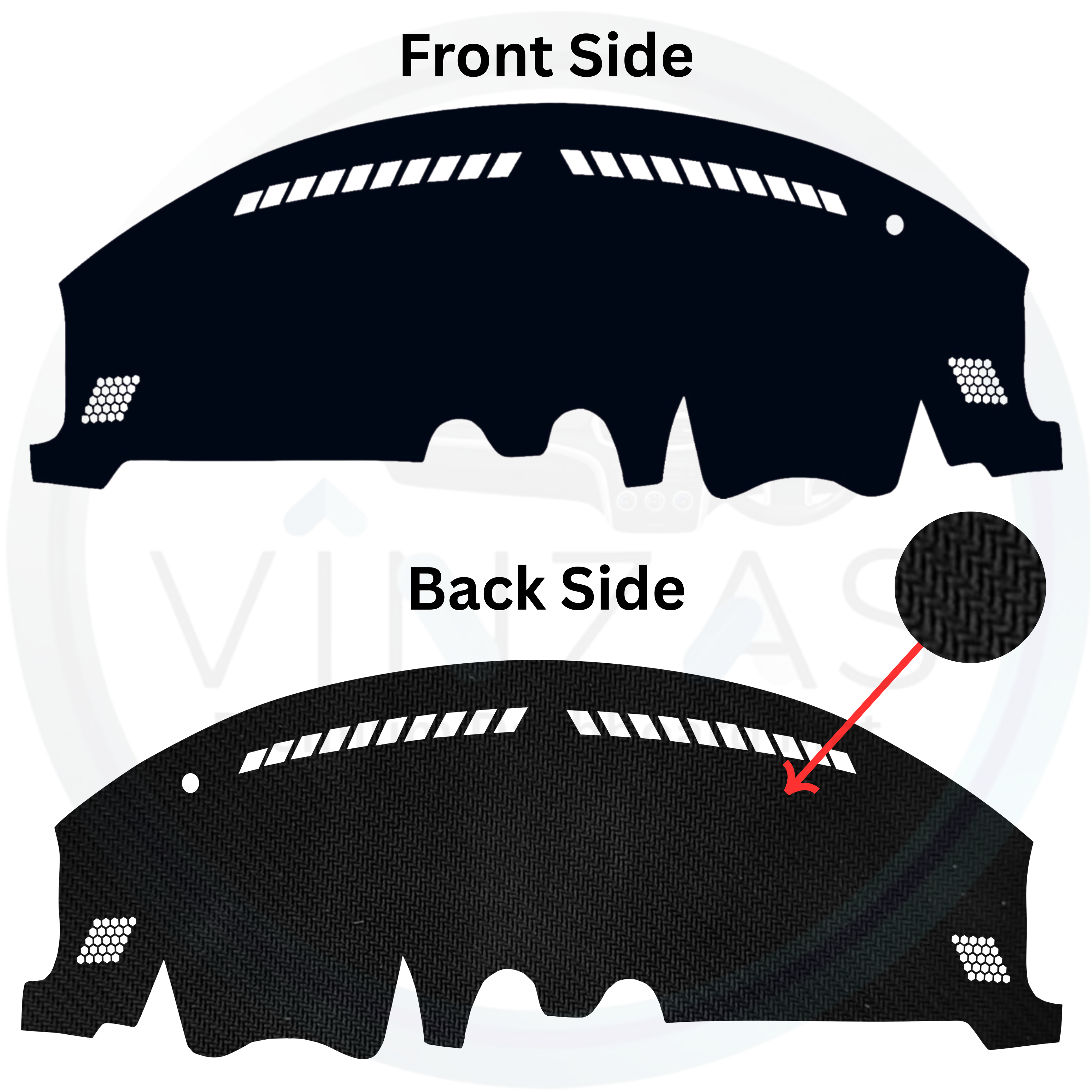Car dashboard cover with front and back side views on a white background