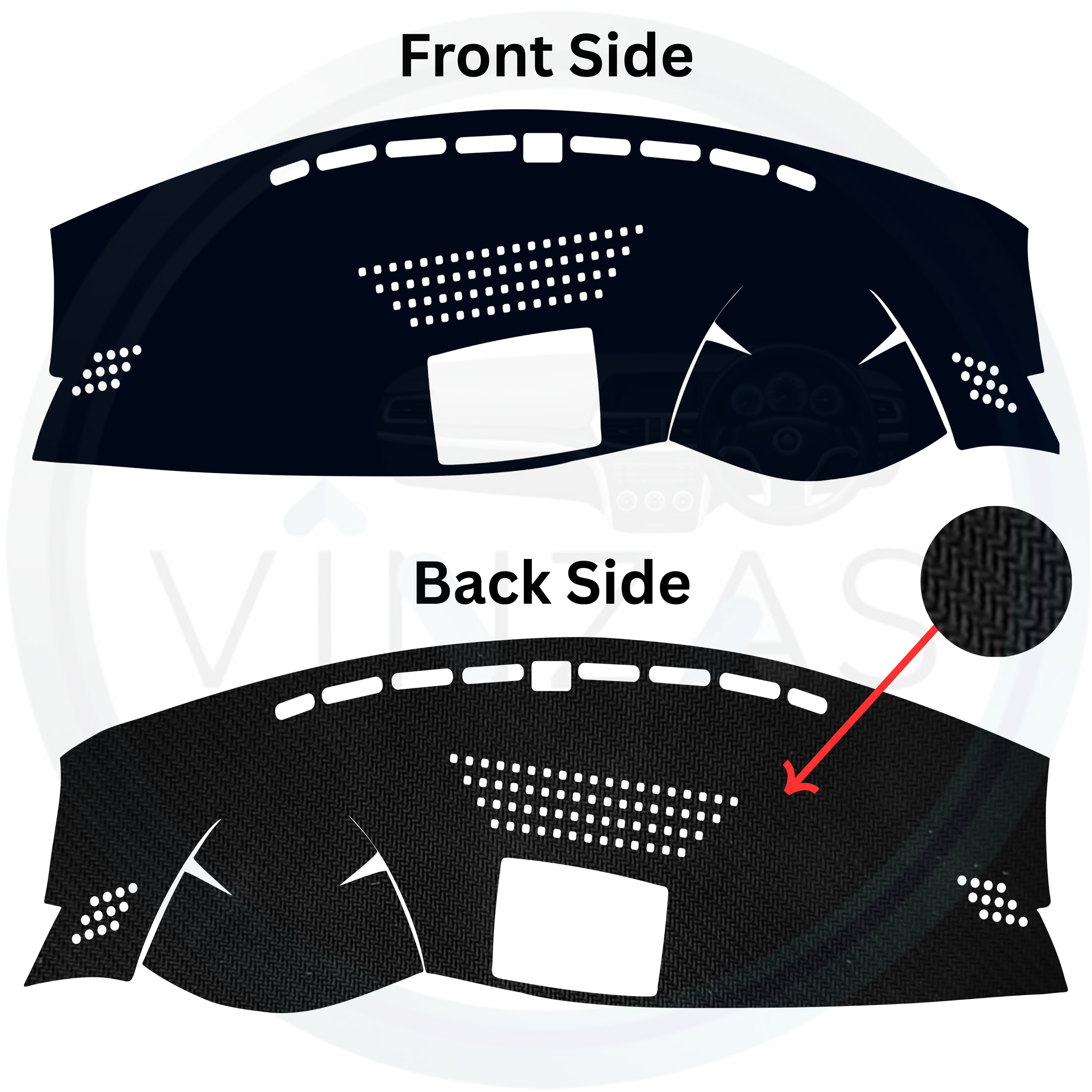 Diagram showing front and back sides of a car dashboard cover with text labels.