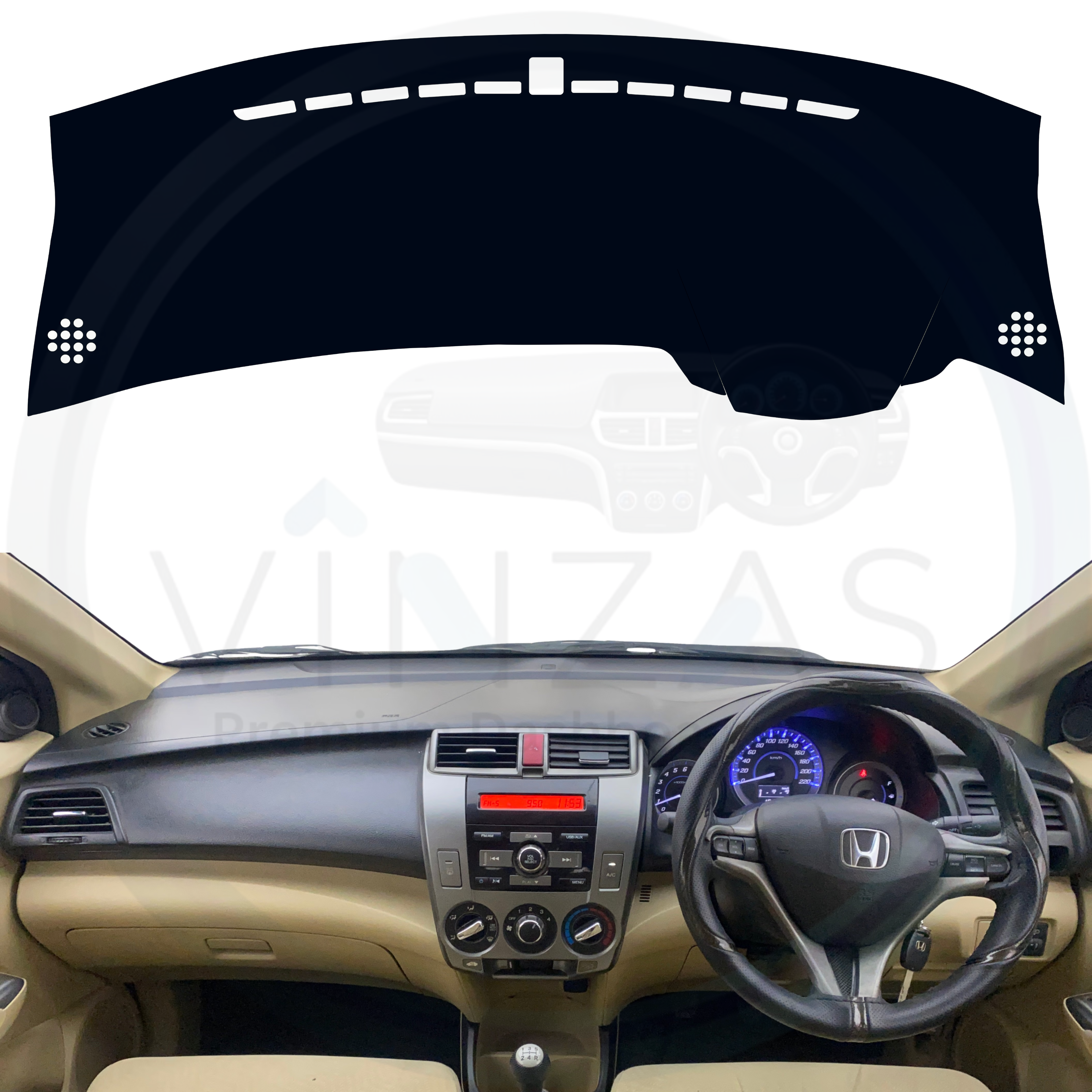 Car dashboard with steering wheel and instrument panel on a white background