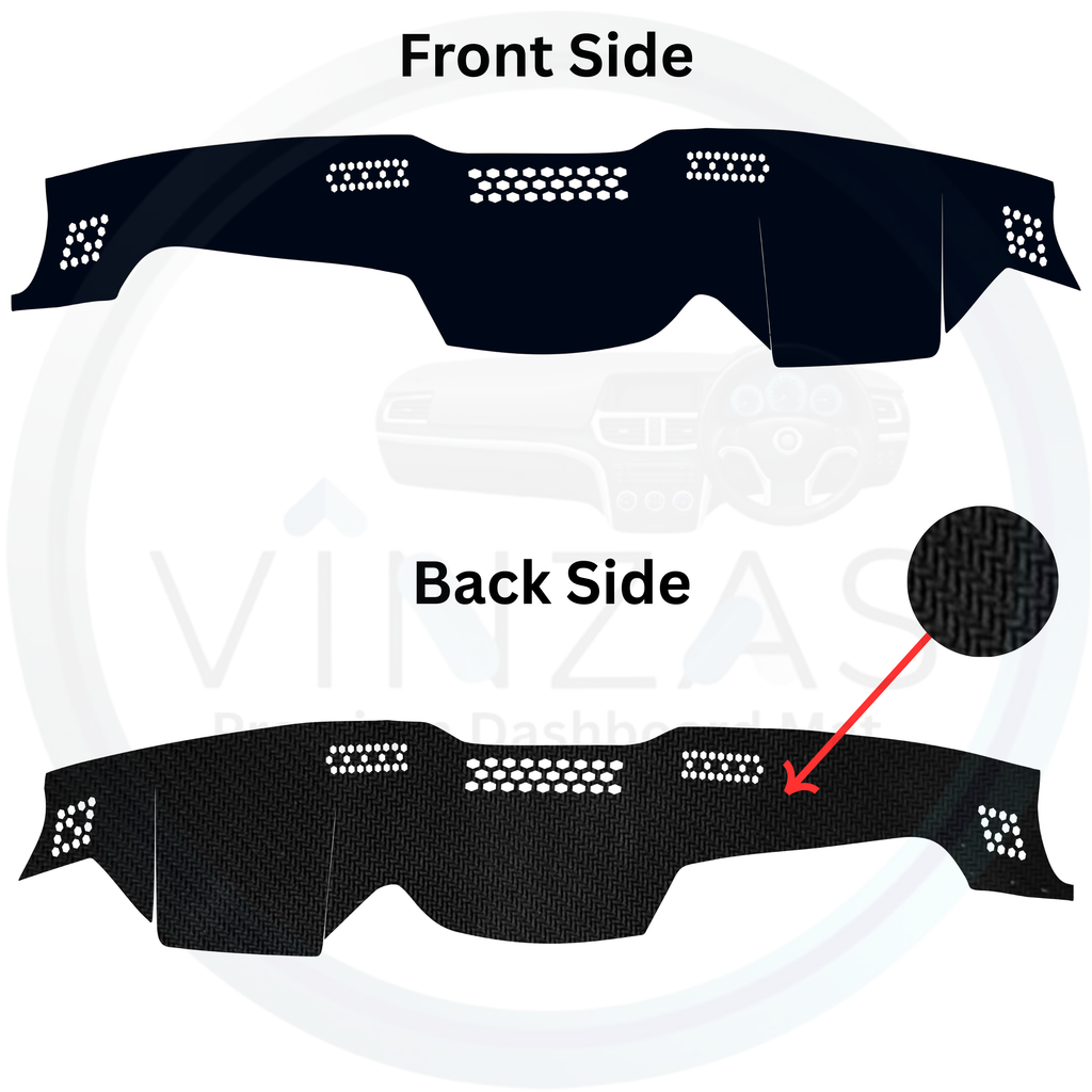 Black dashboard cover with front and back side views on a white background