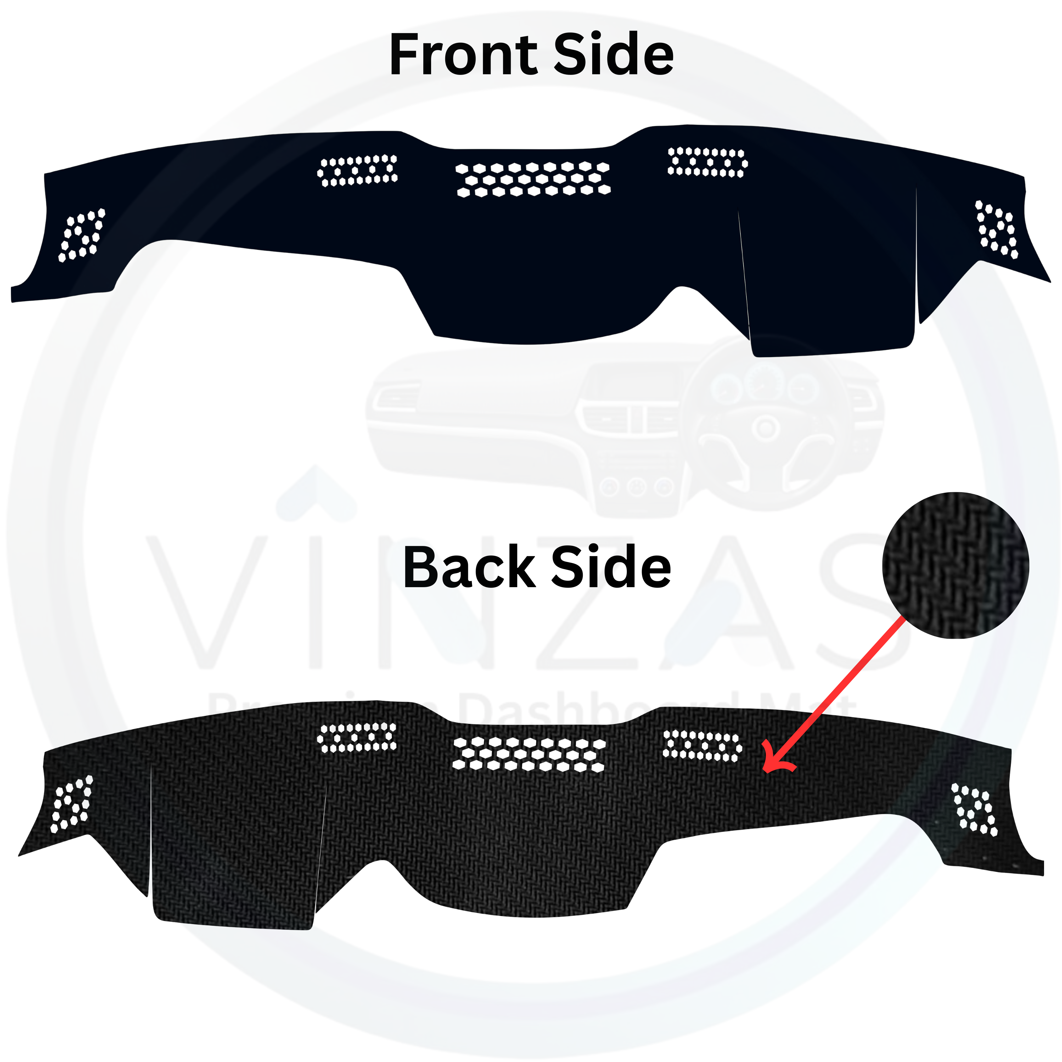 Black dashboard cover with front and back side views on a white background