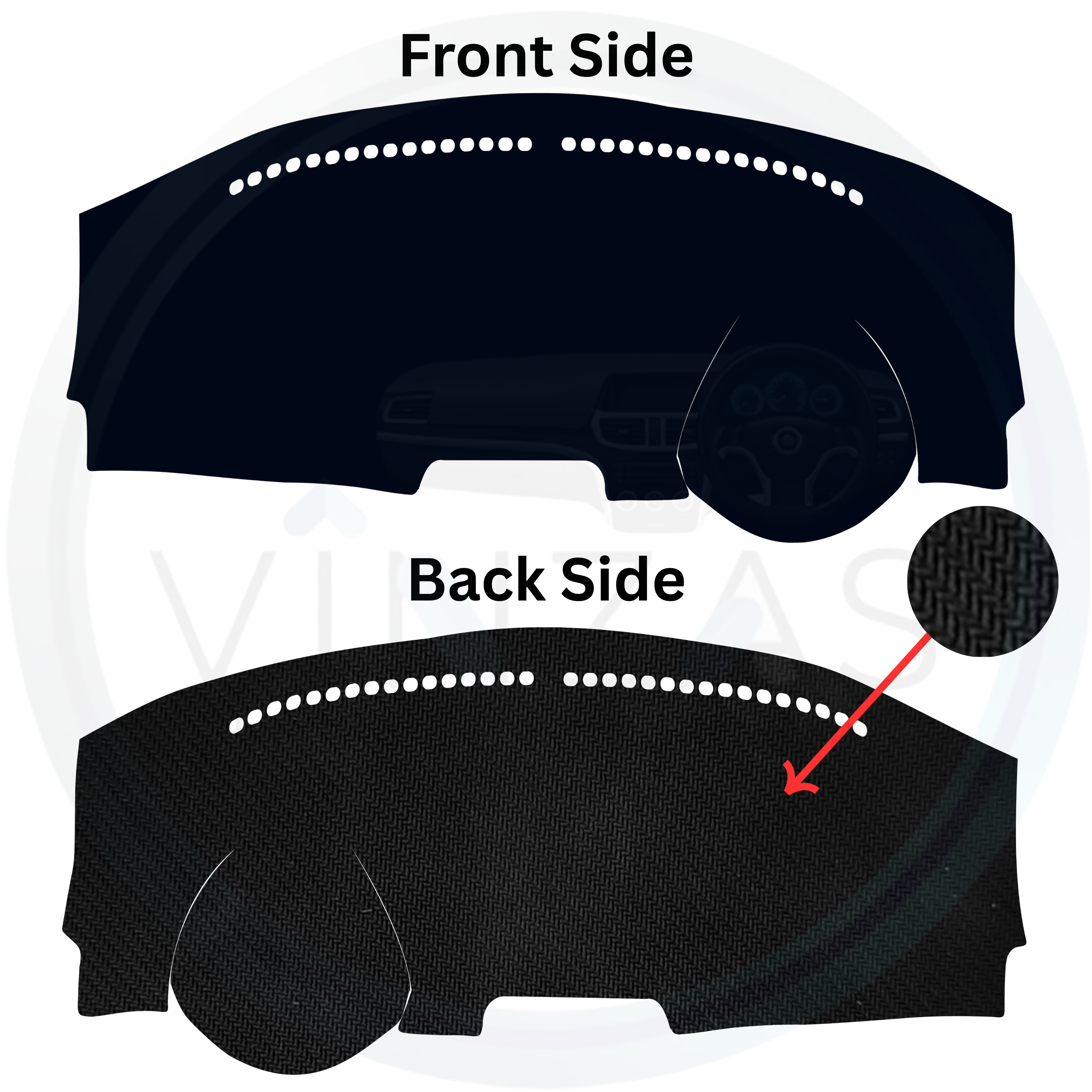 Car dashboard cover with front and back side views on a white background