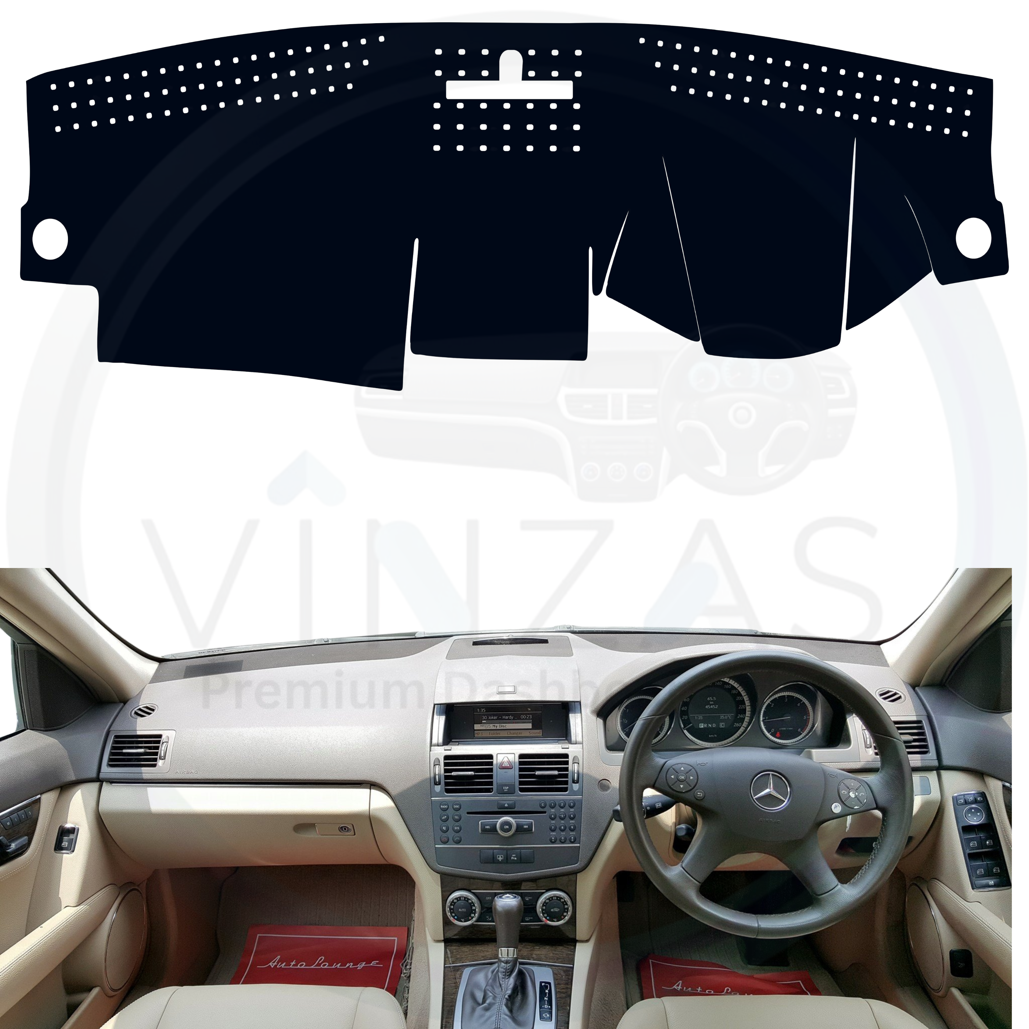 Car dashboard cover with Mercedes-Benz steering wheel on a white background