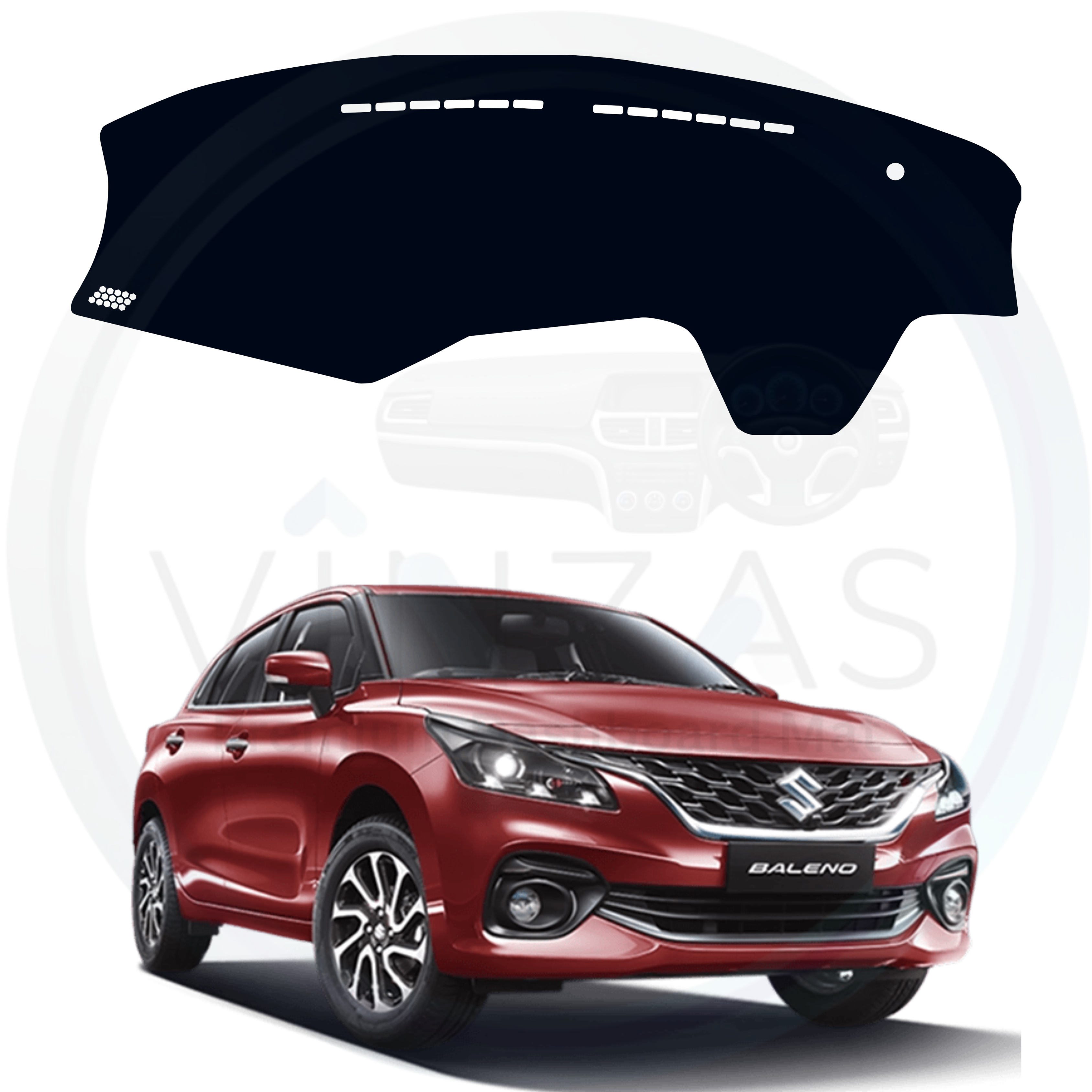 Car dashboard cover on a white background with a red car model in the foreground