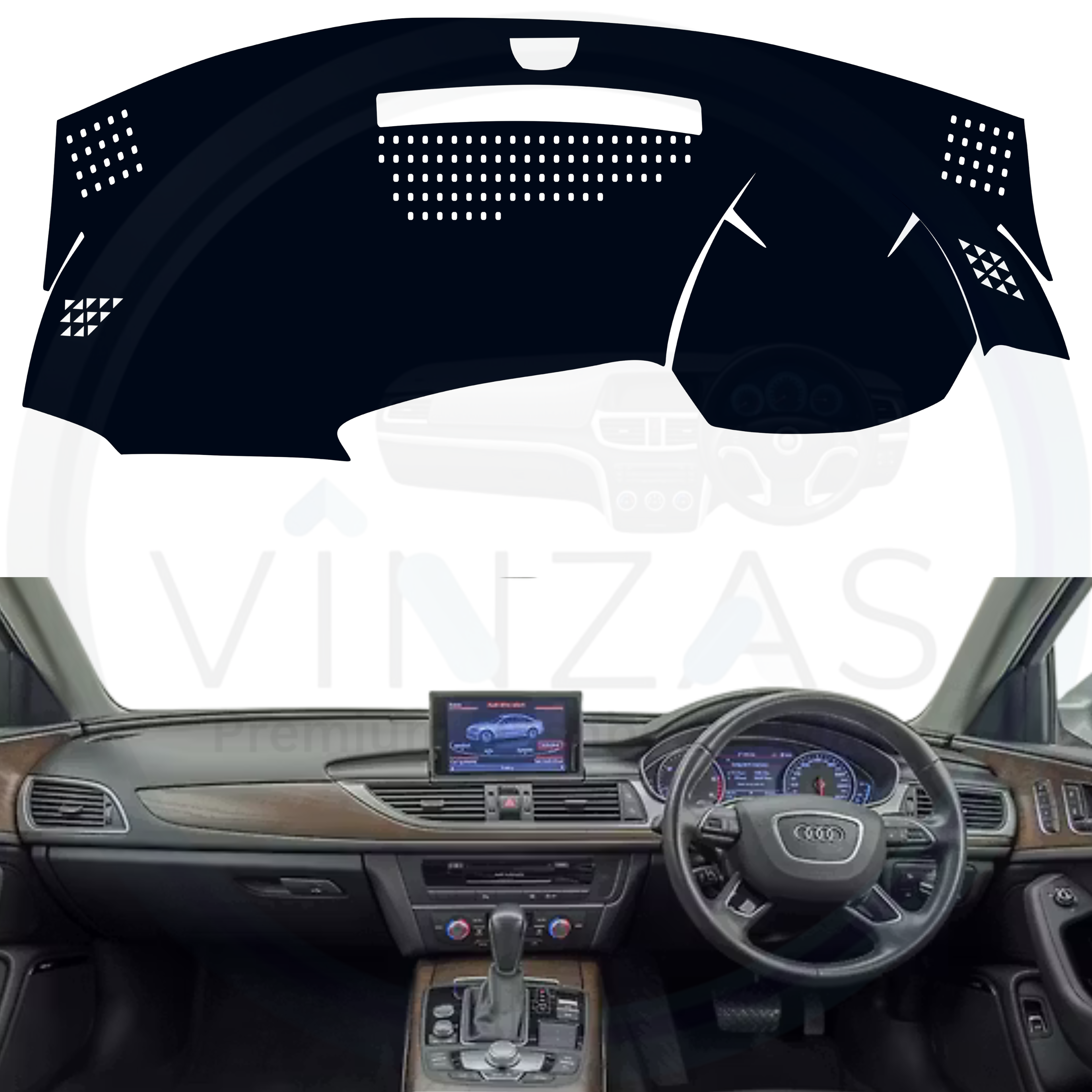 Car dashboard with a black cover and Audi logo