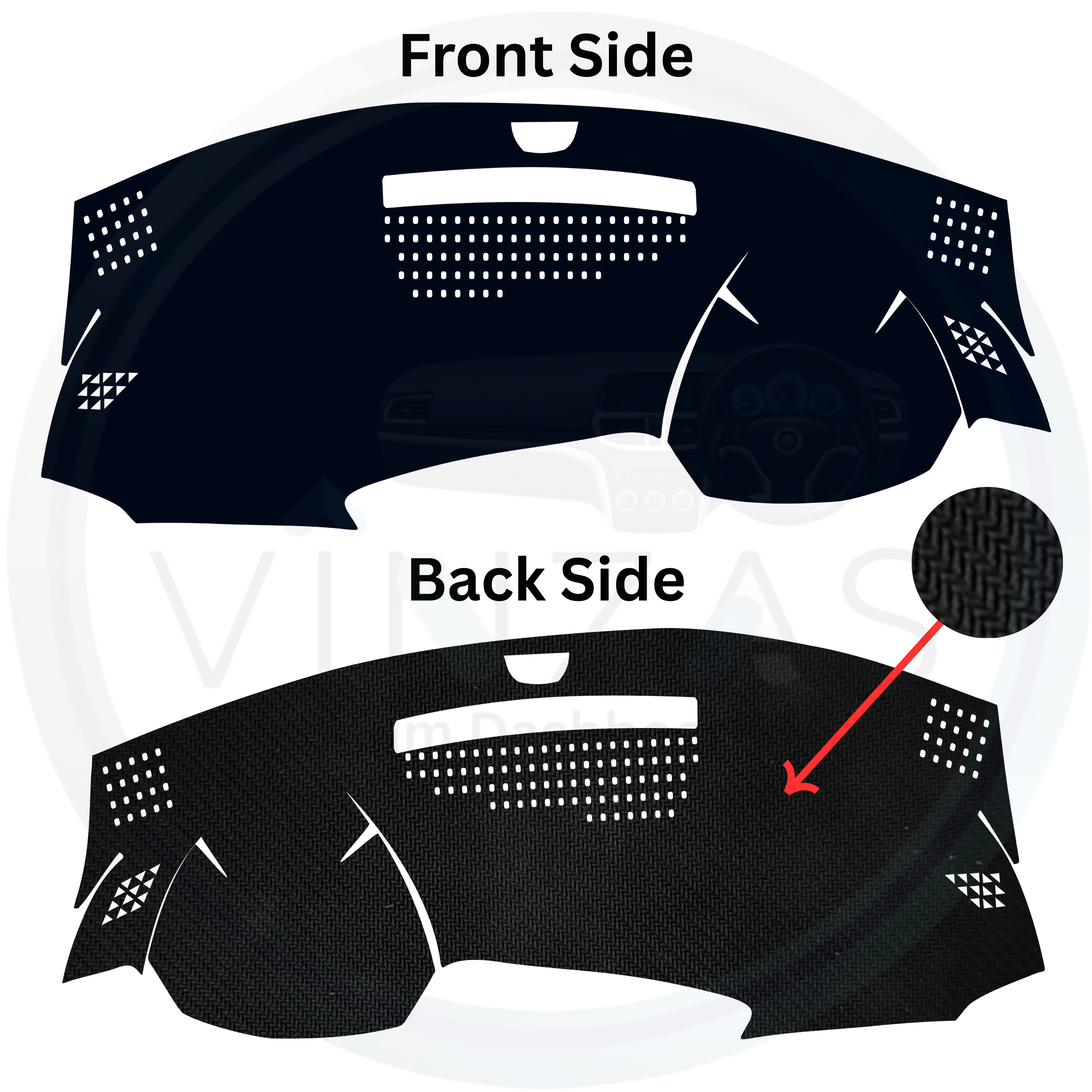 Car dashboard cover showing front and back sides with a visible brand name.