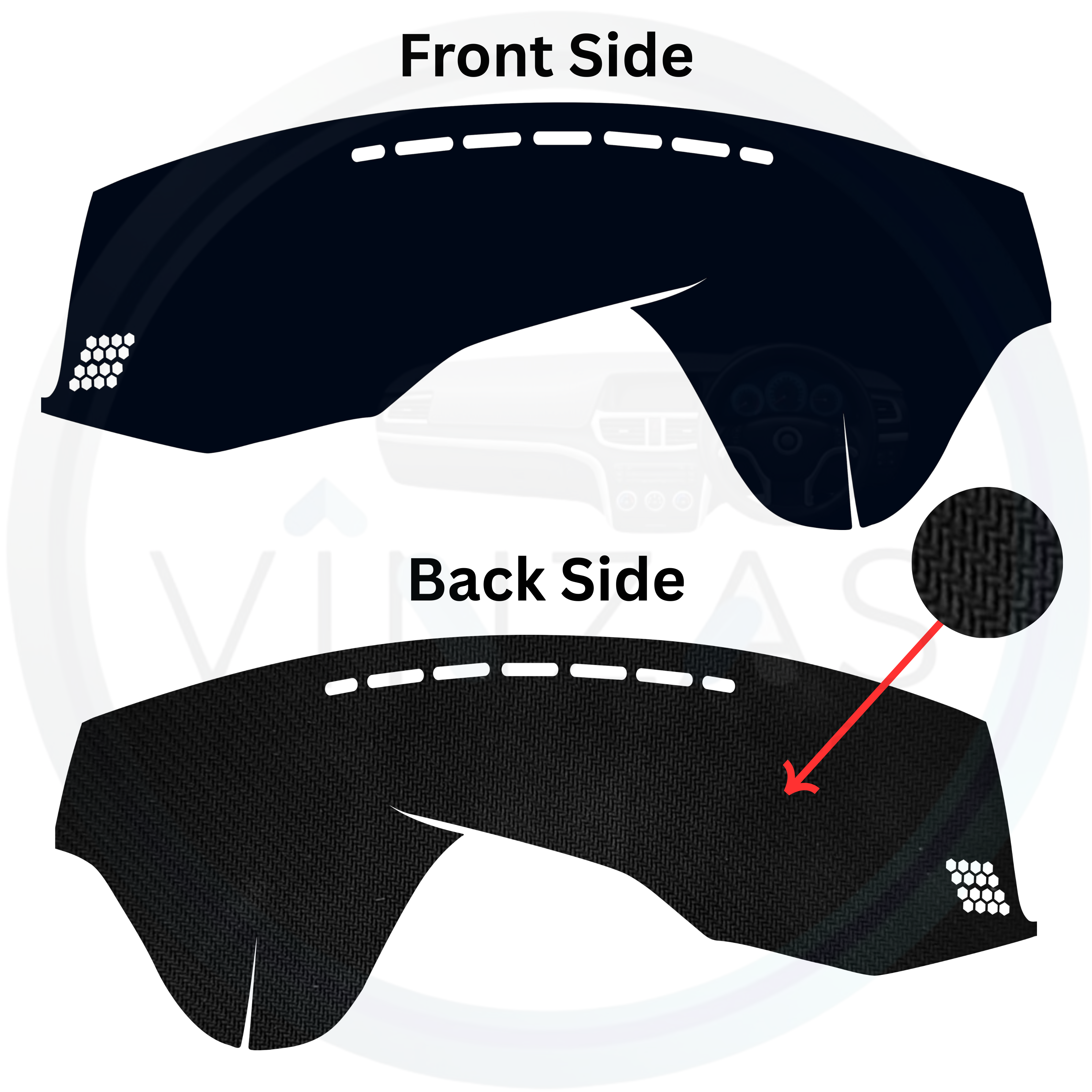 Car dashboard cover with front and back side views on a white background