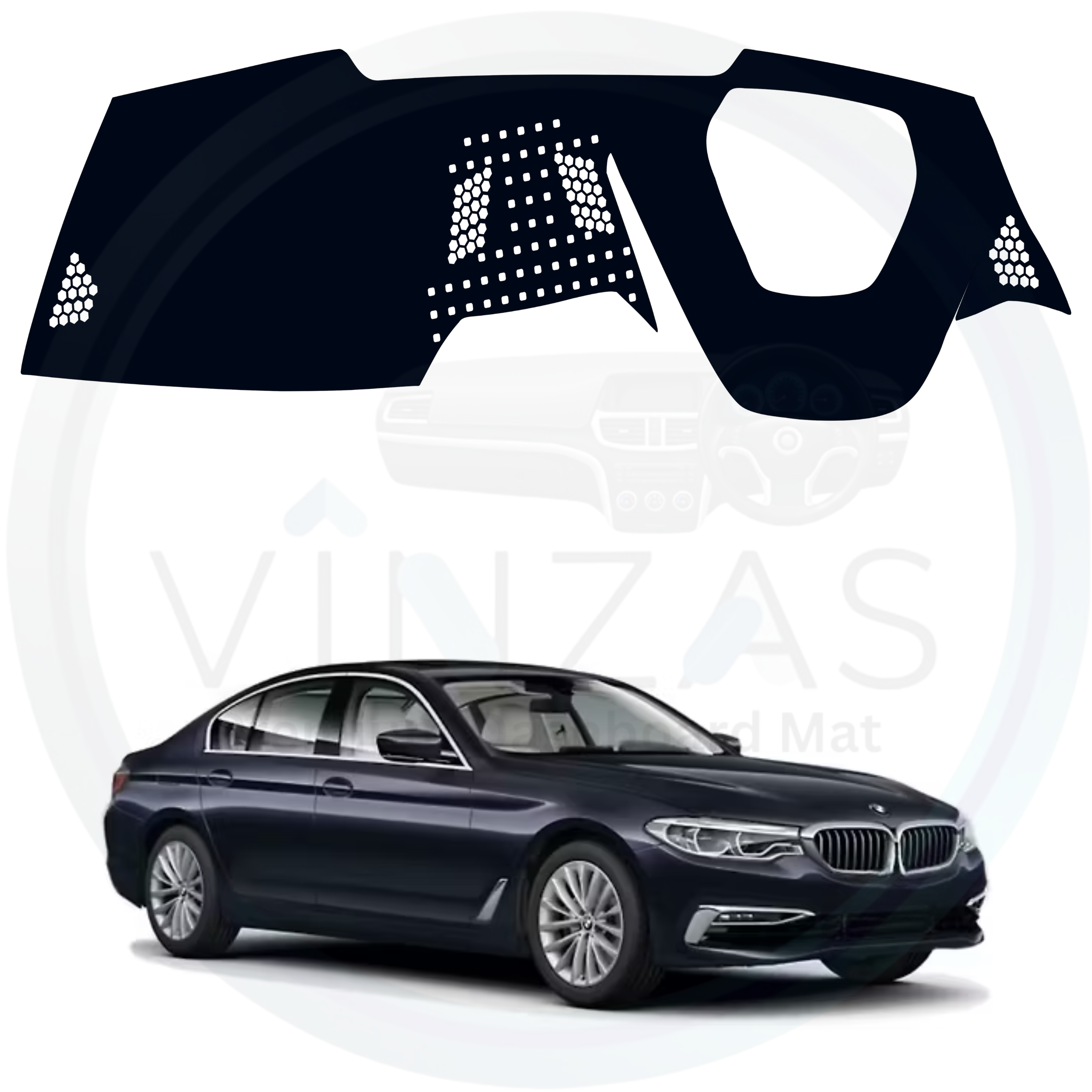 Car dashboard cover with BMW logo and a black BMW car on a white background