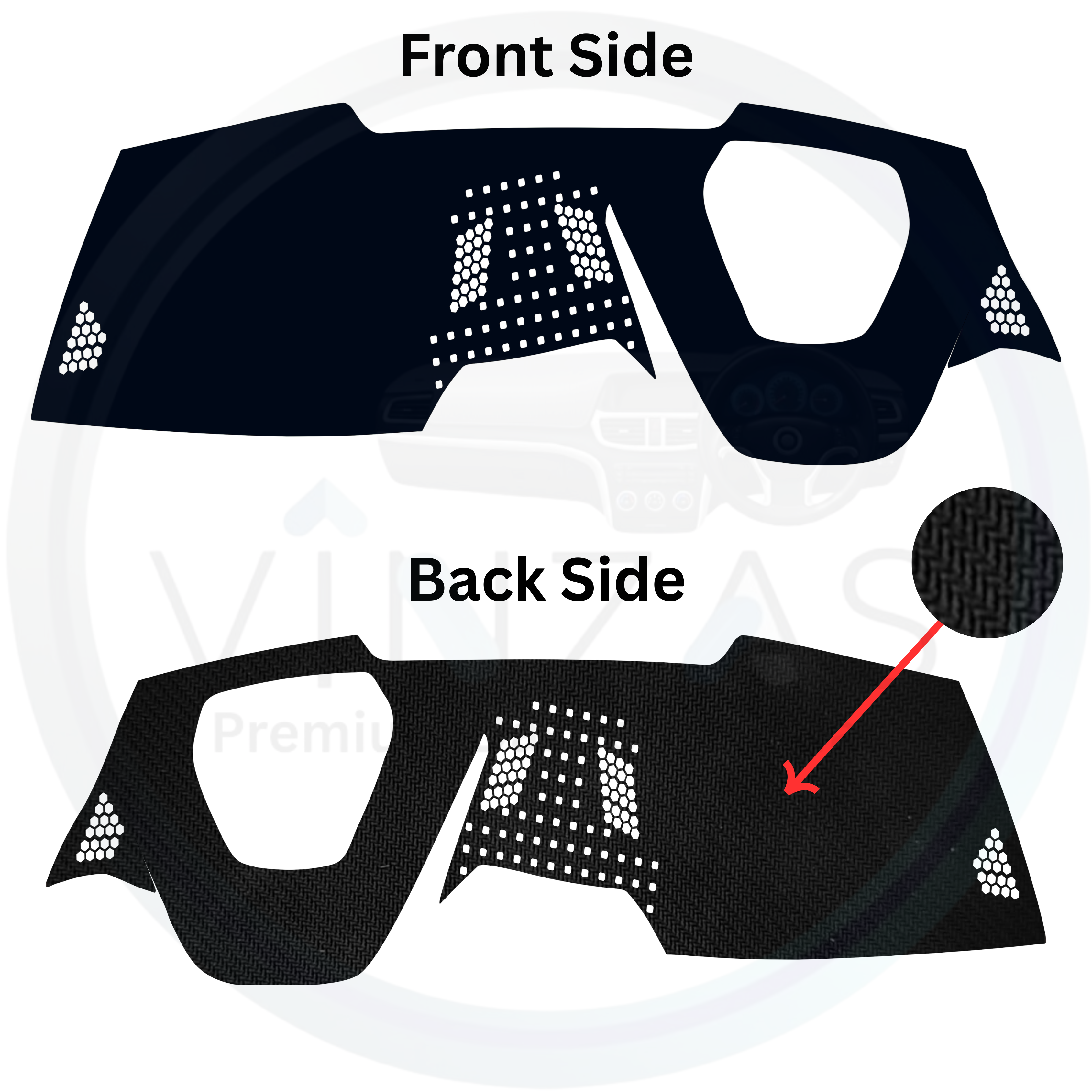 Front and back side views of a black and white car dashboard cover with text and branding.