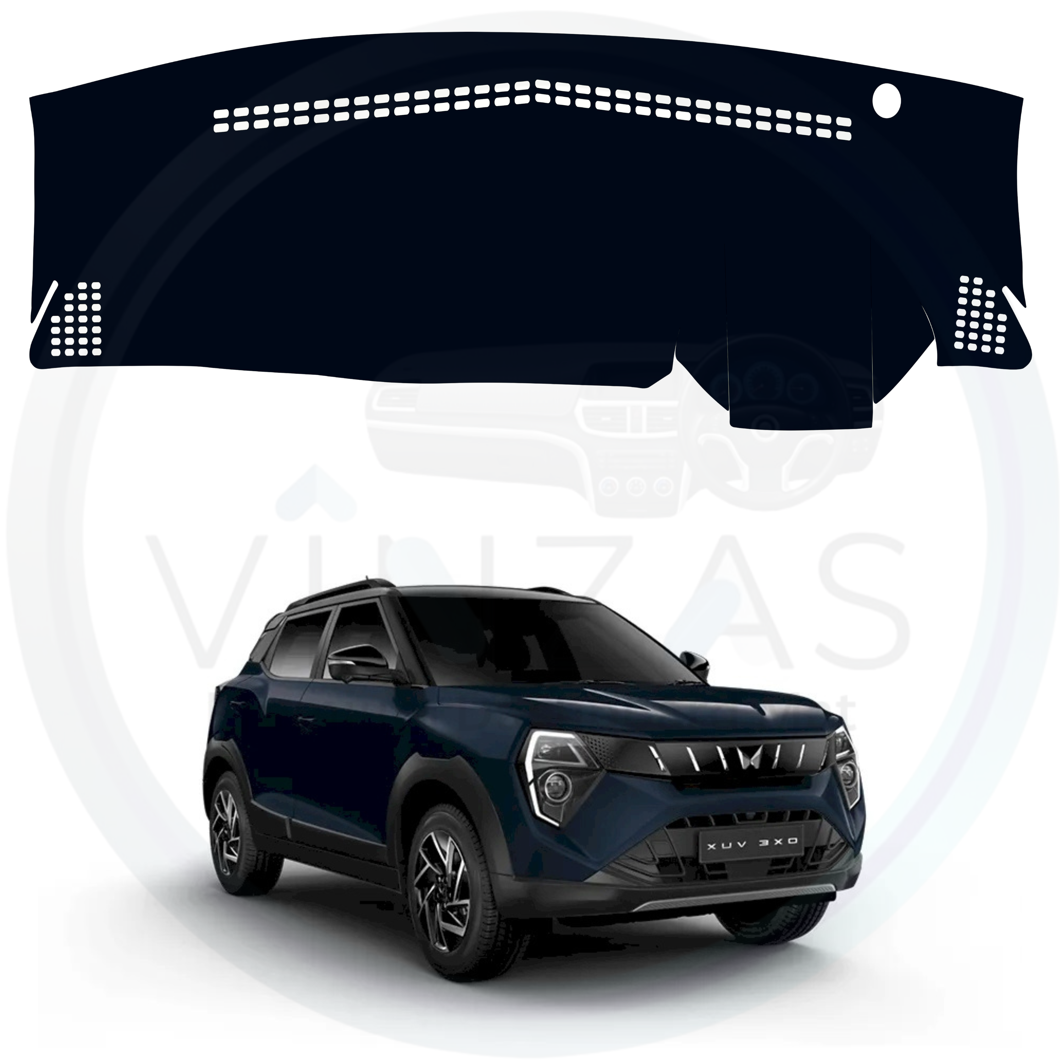 Car dashboard cover with a car in the background on a white background