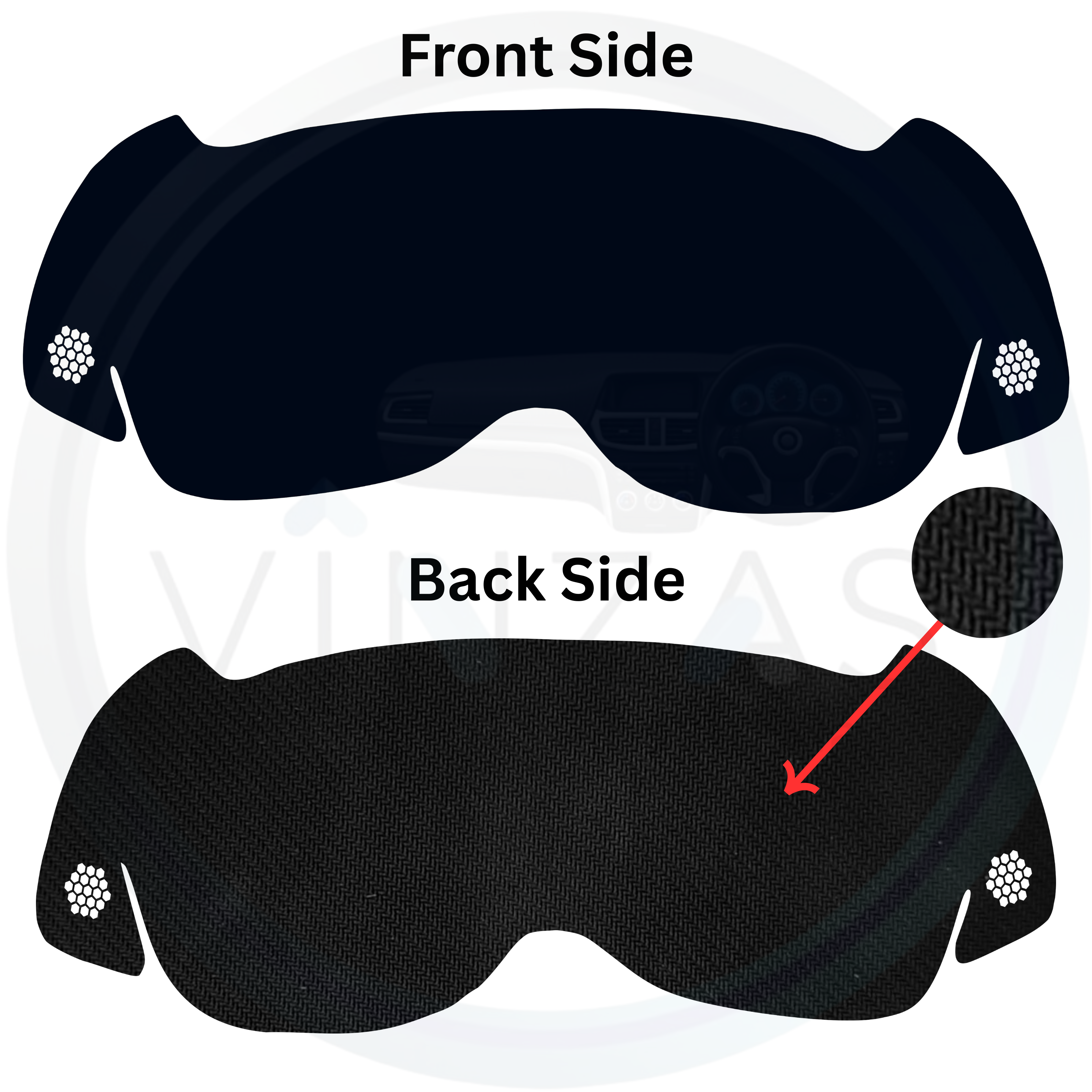 Black sleep mask showing front and back sides on a white background