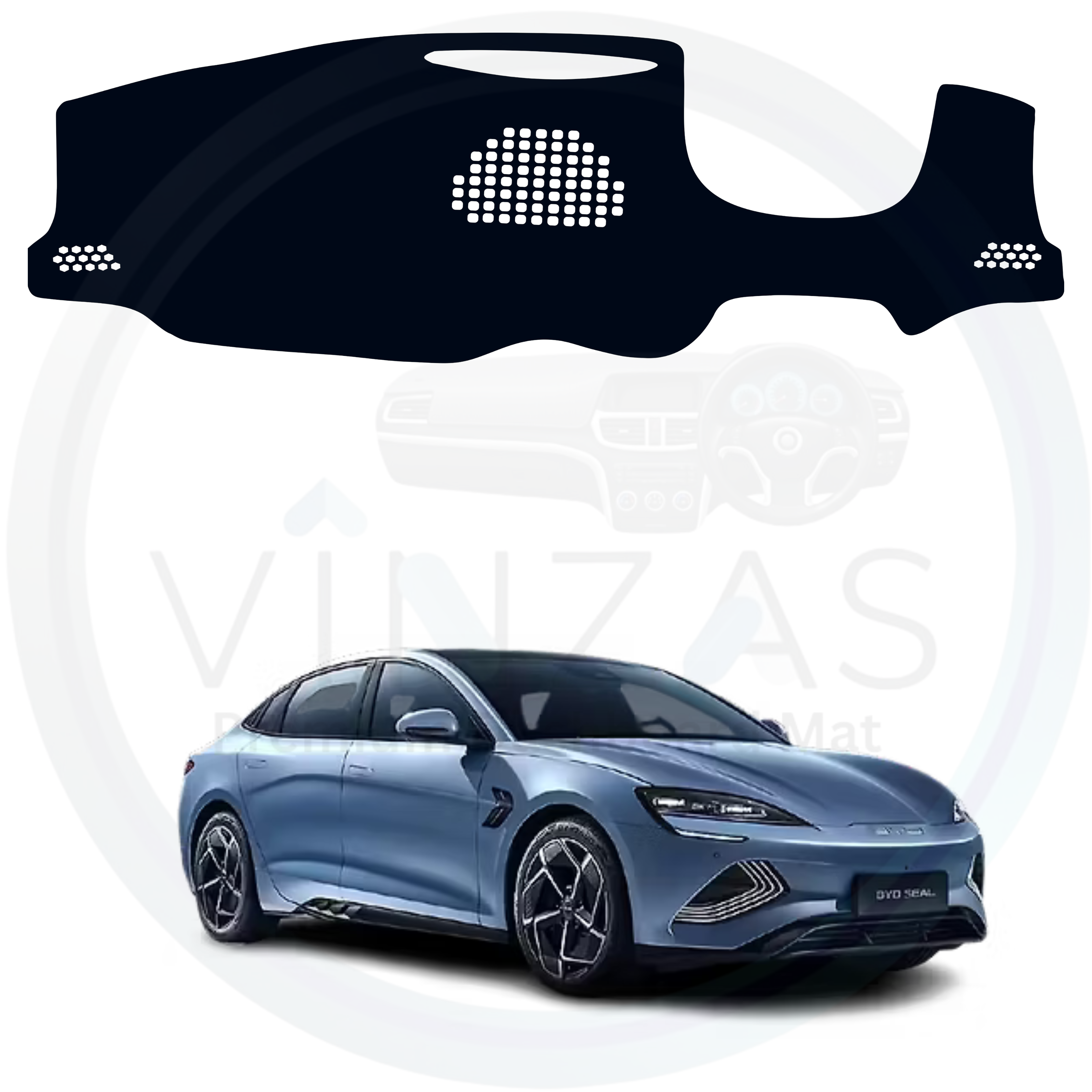 Car dashboard cover with a car in the background