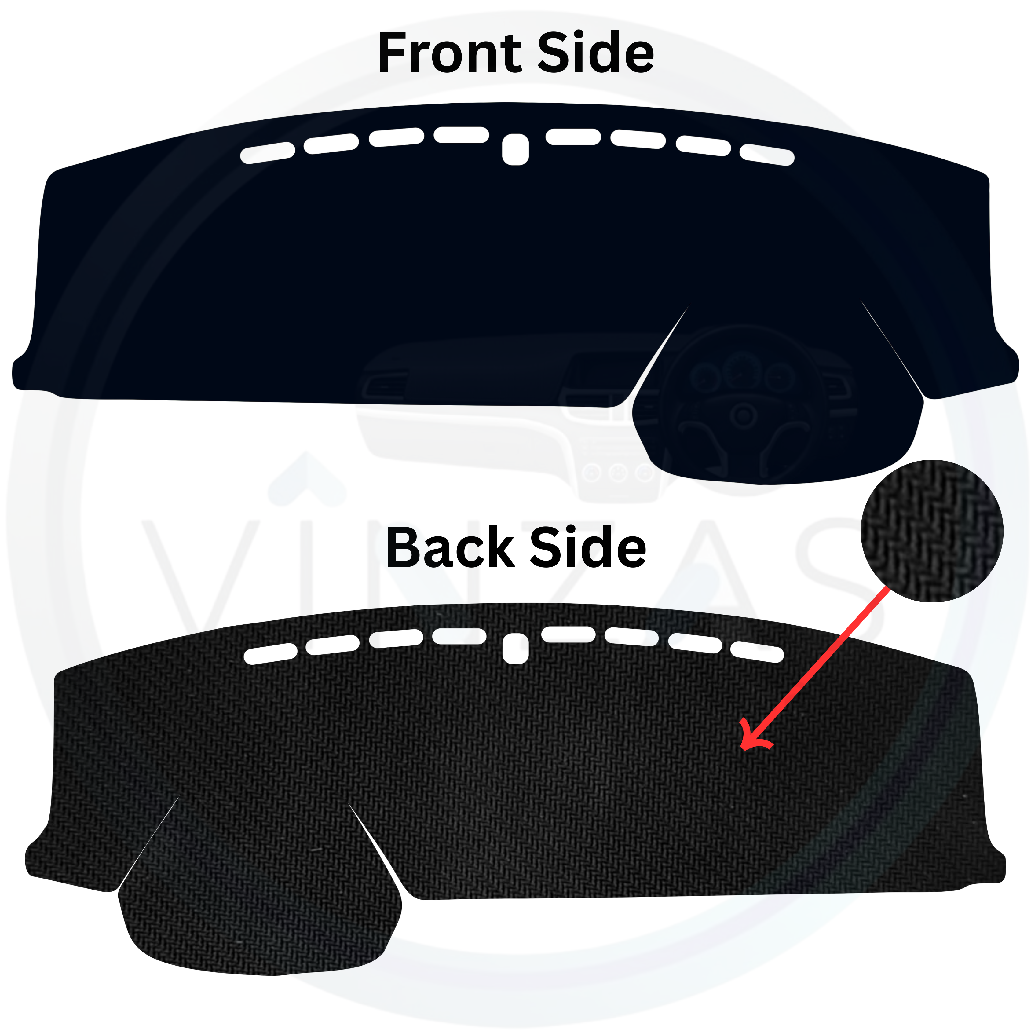 Car dashboard cover with front and back side views on a white background