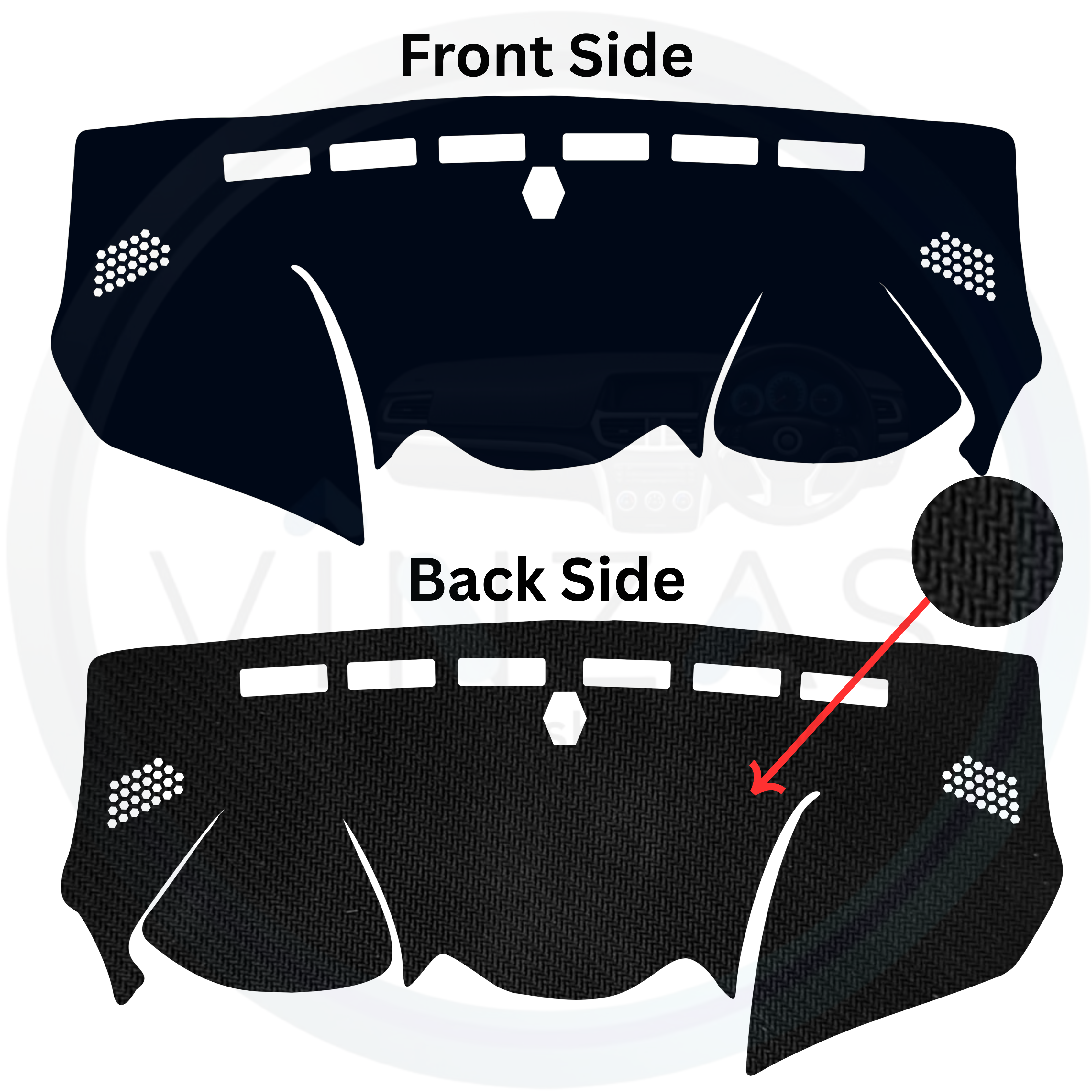 Car dashboard cover with front and back side views on a white background