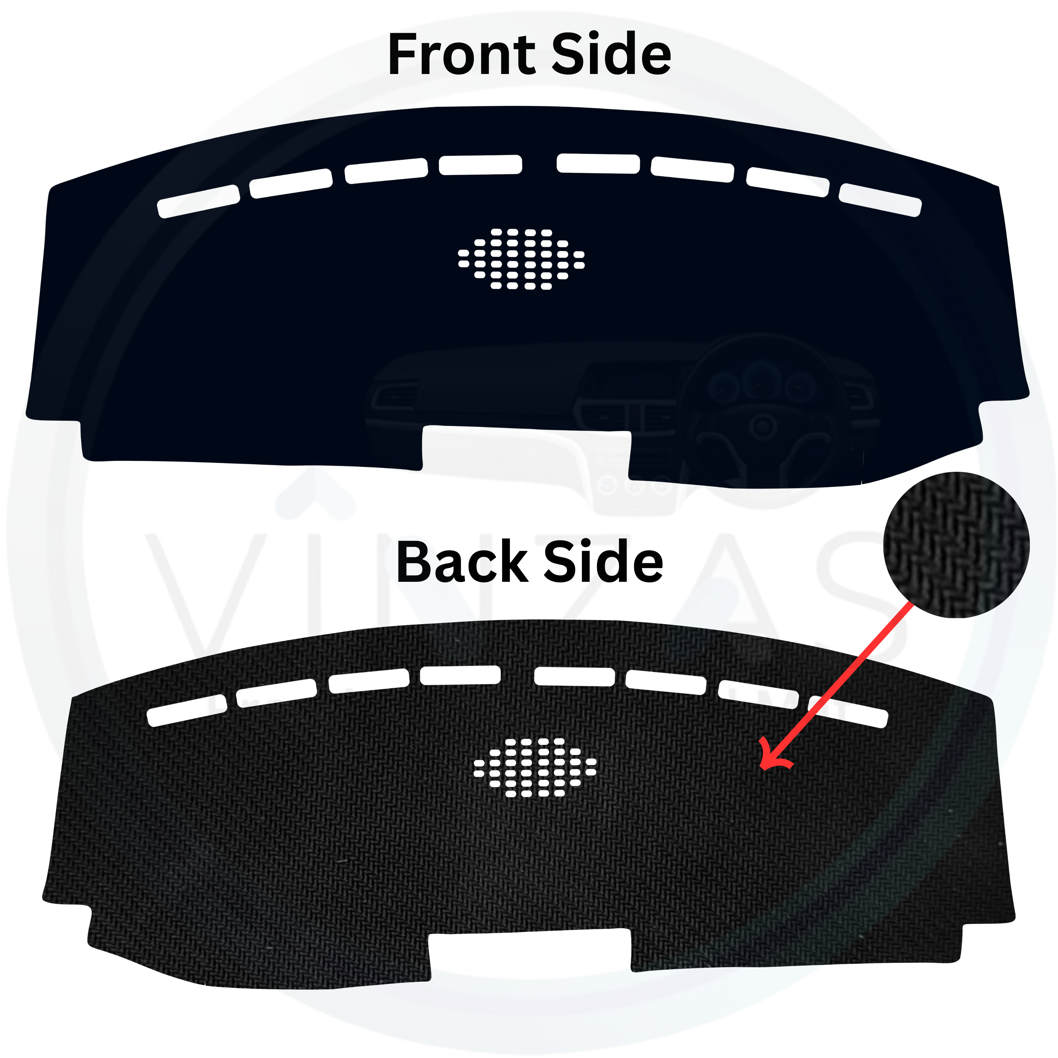 Car dashboard cover showing front and back sides with a visible brand logo.