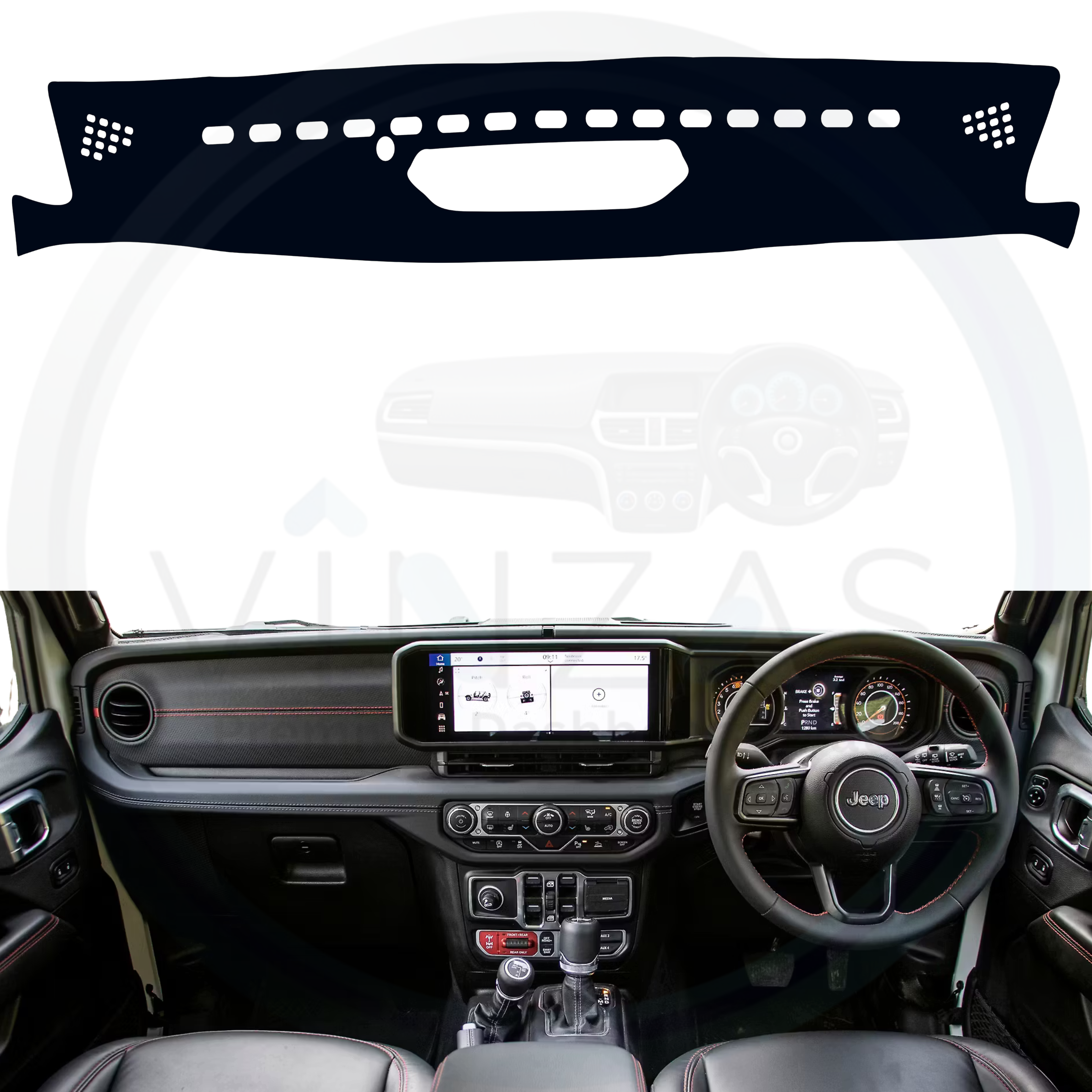 Car dashboard with a screen and steering wheel, featuring a brand logo.