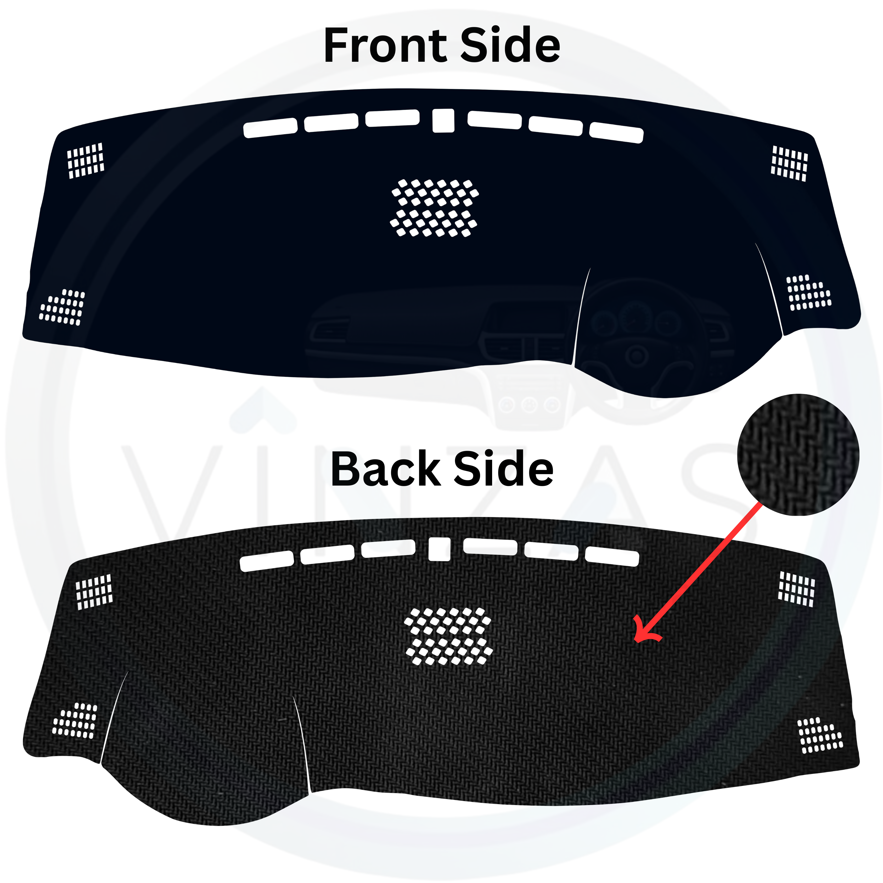 Car dashboard cover showing front and back sides with a visible brand logo.