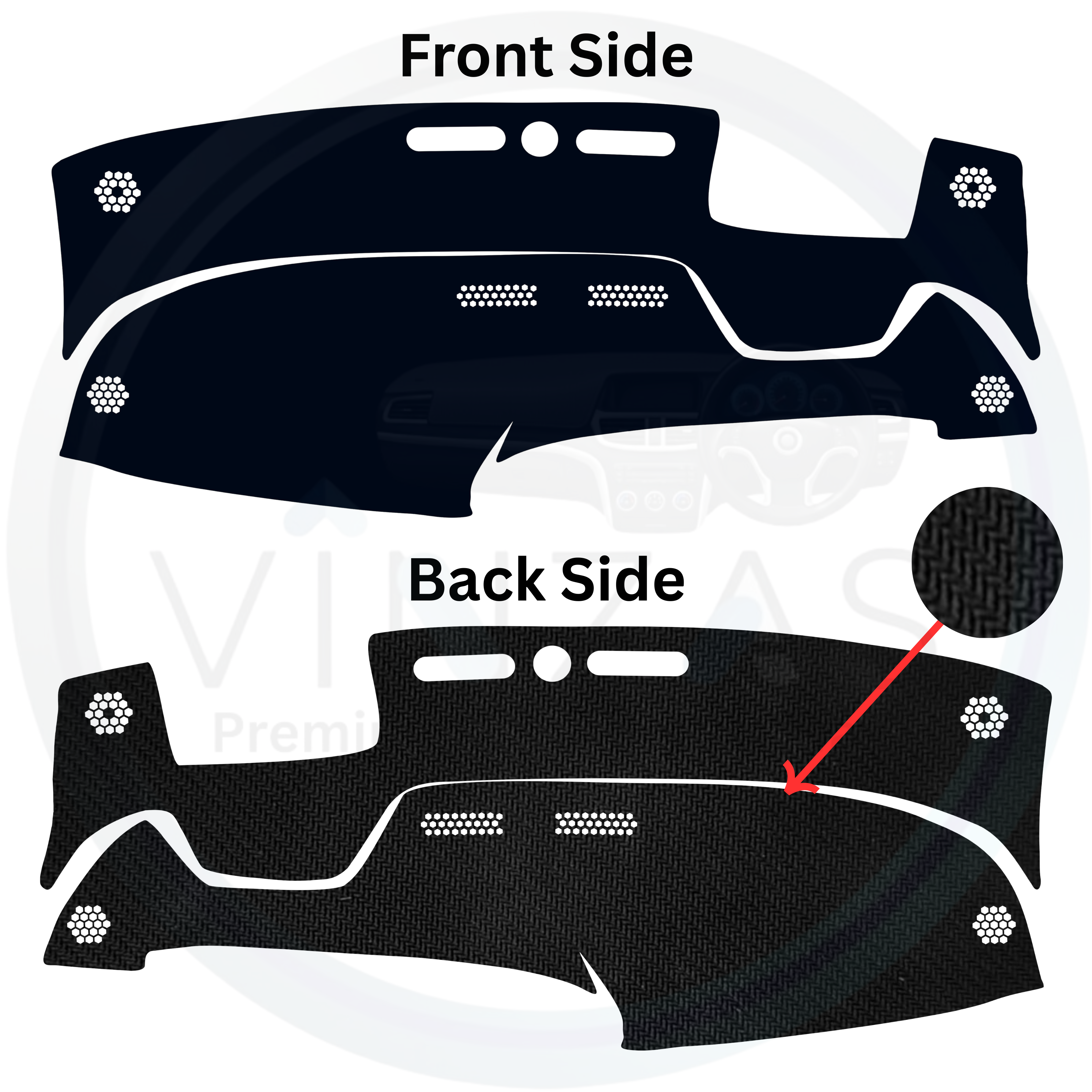 Car dashboard cover with front and back side views on a white background
