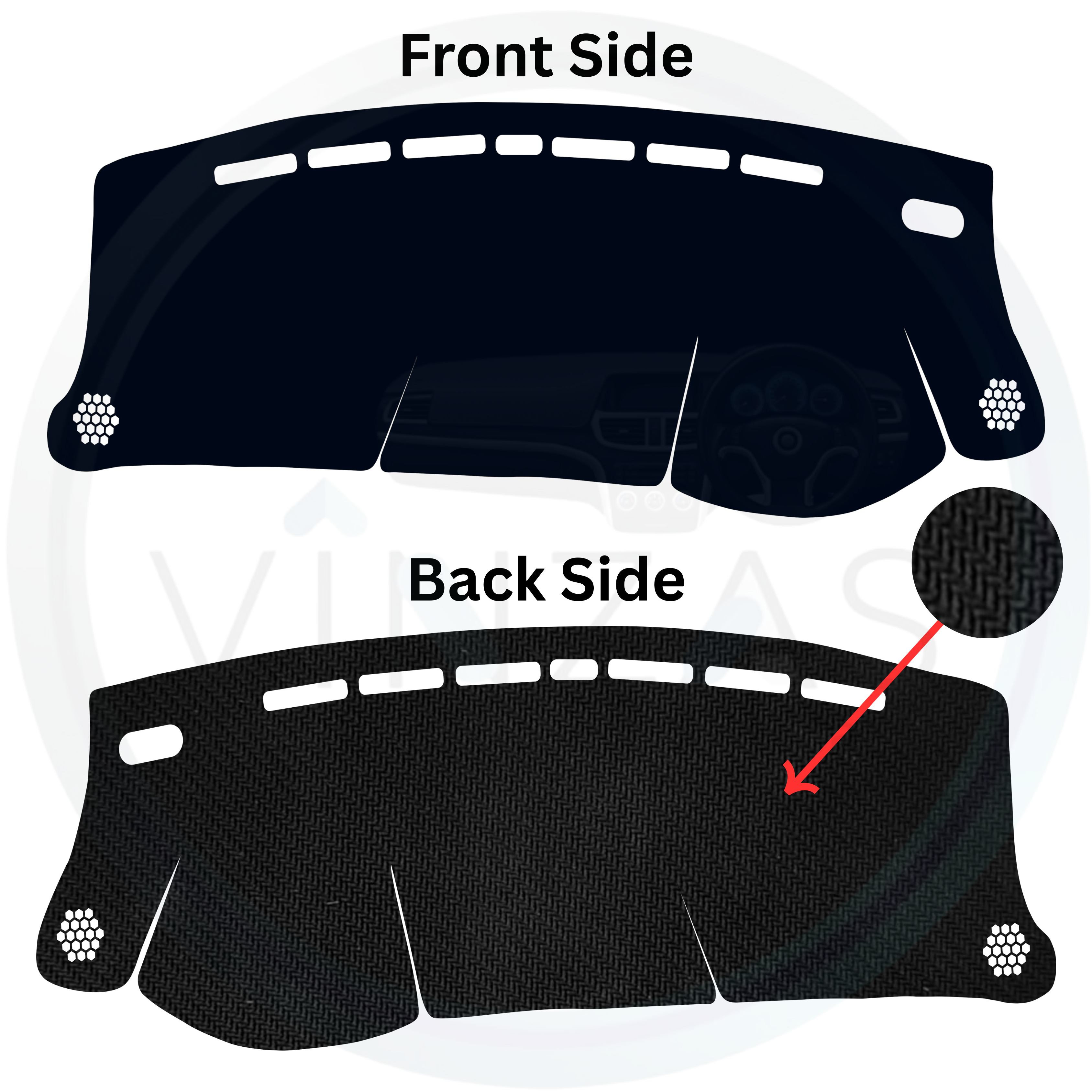 Car dashboard cover with front and back side views on a white background
