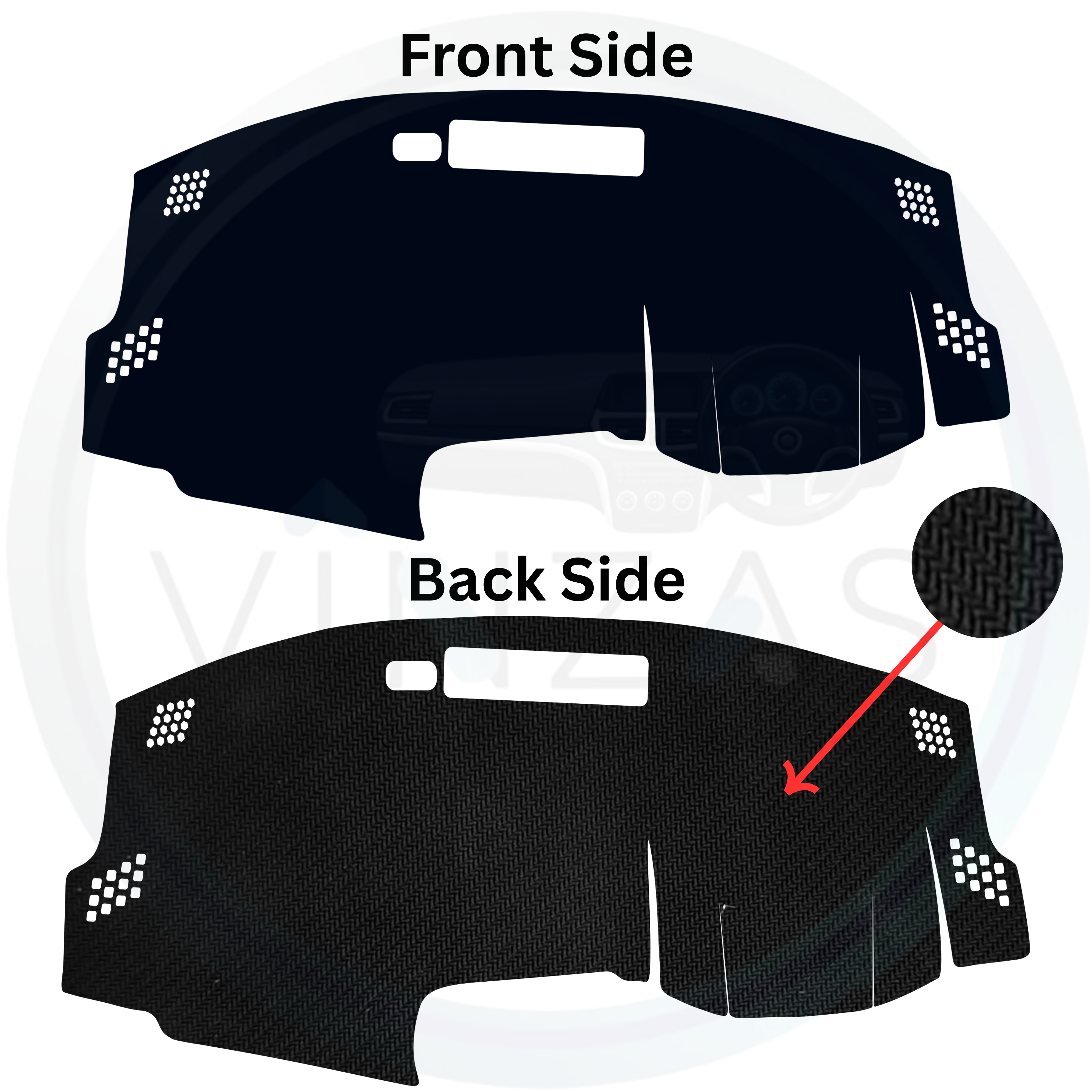 Car dashboard cover showing front and back sides with carbon fiber texture.