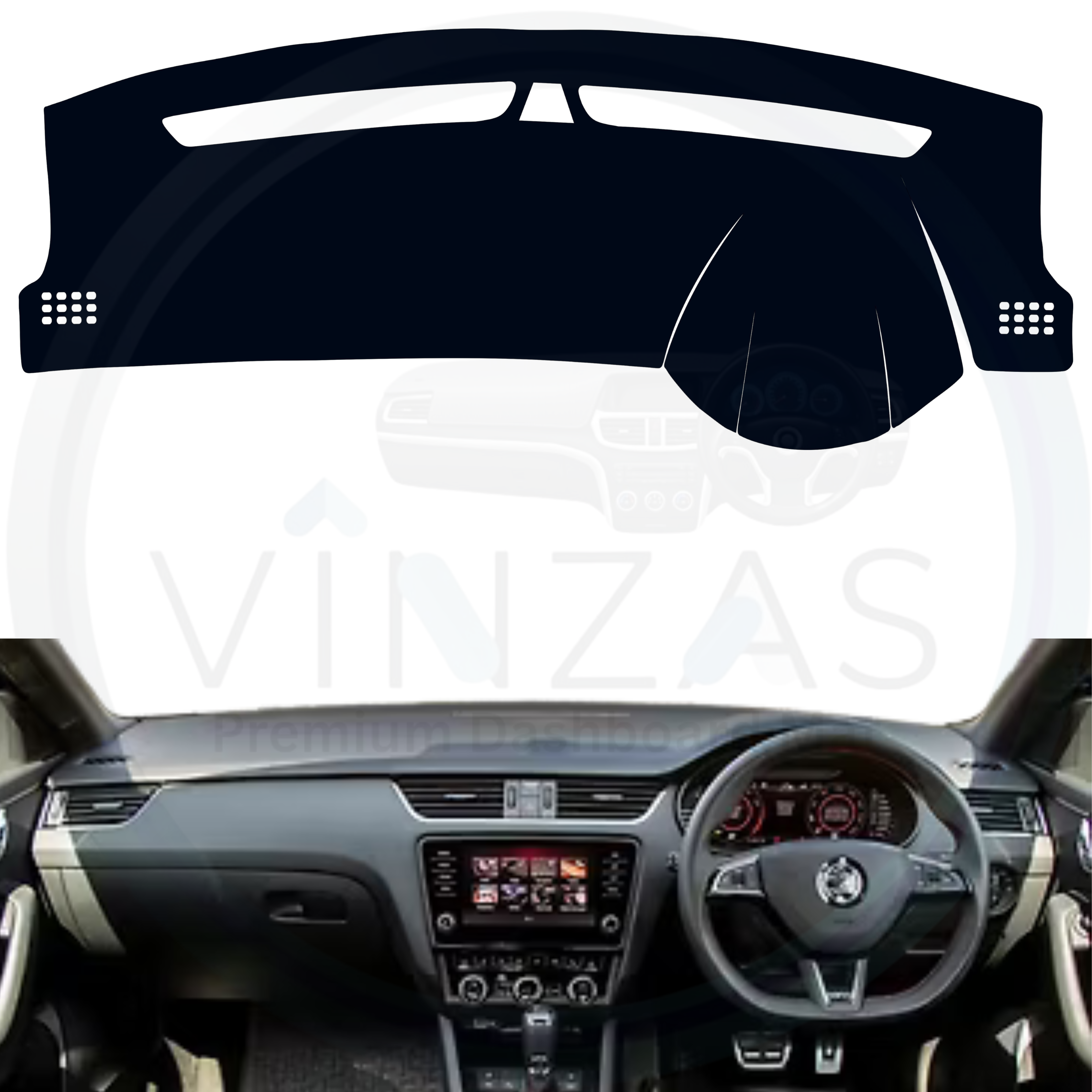 Car dashboard cover with a white background and 'VINZAS' branding.