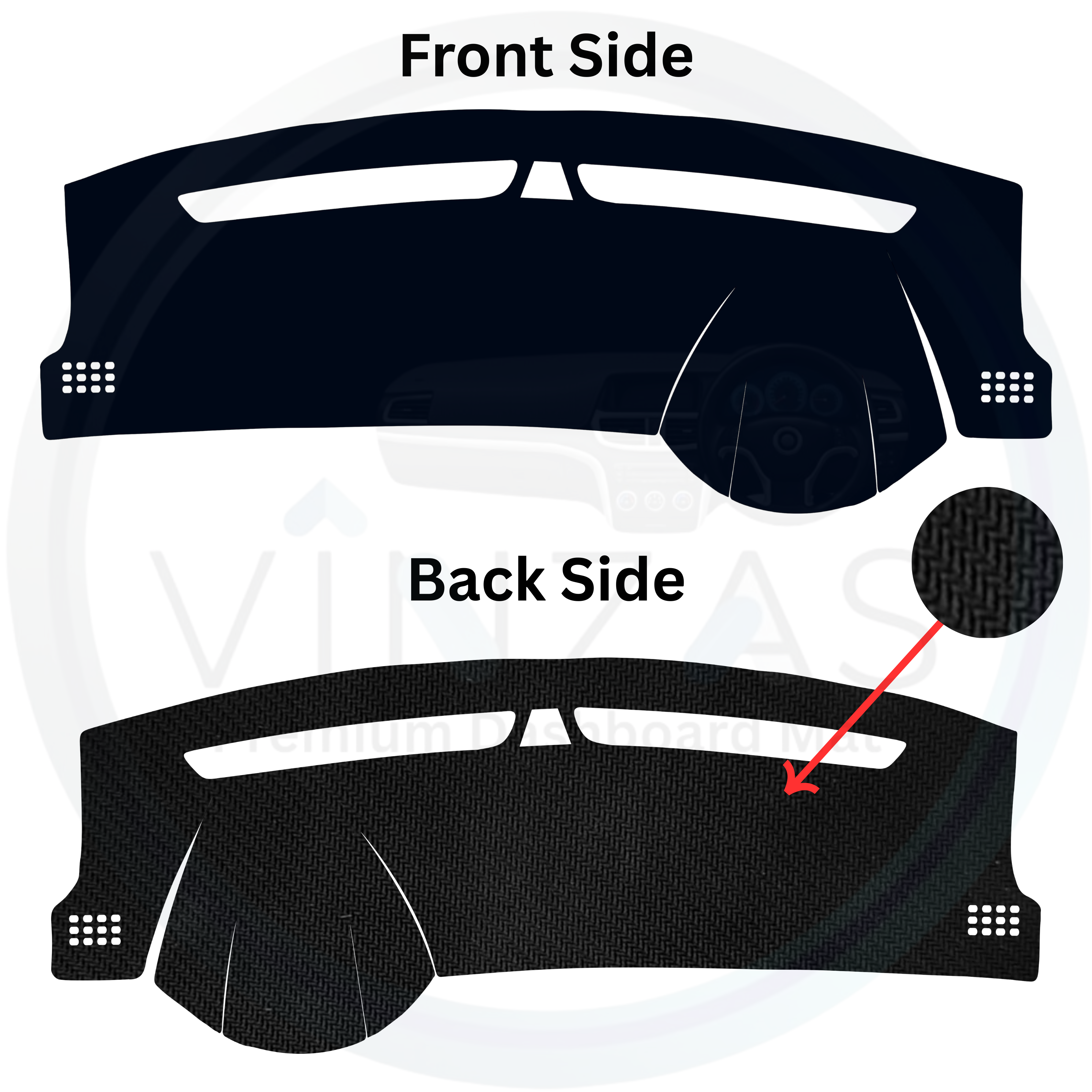 Silhouette of a car dashboard cover with front and back side labels on a white background.