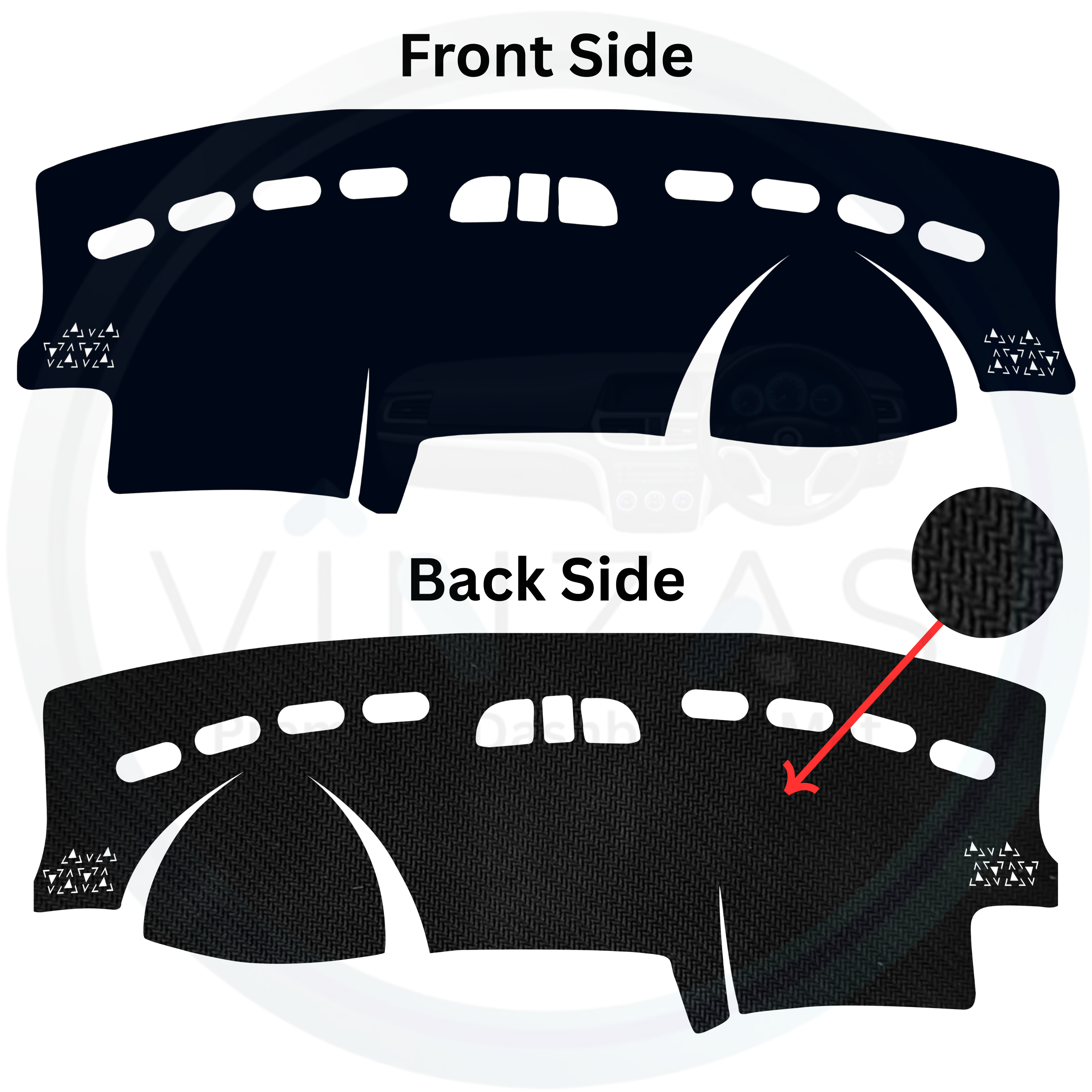 Car dashboard cover with front and back side views on a white background